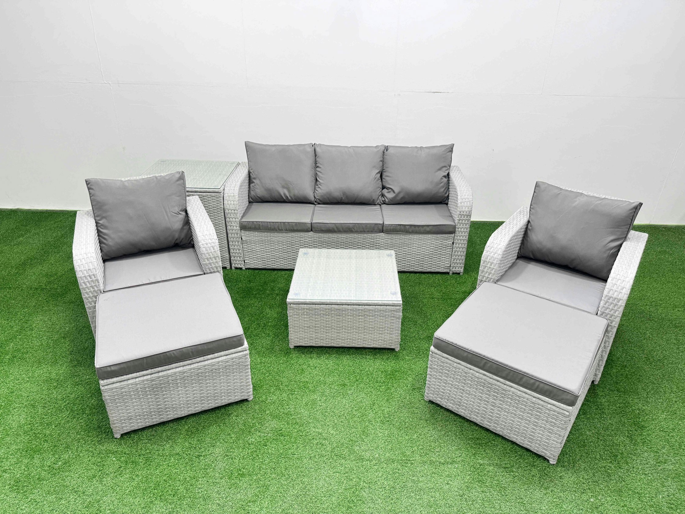 Rackhams Light/Grey Pe Rattan Garden Furniture Set Reclining Chair Sofa Lounge Sofa Set Square Coffee Table Side Table 2 Big Footstool