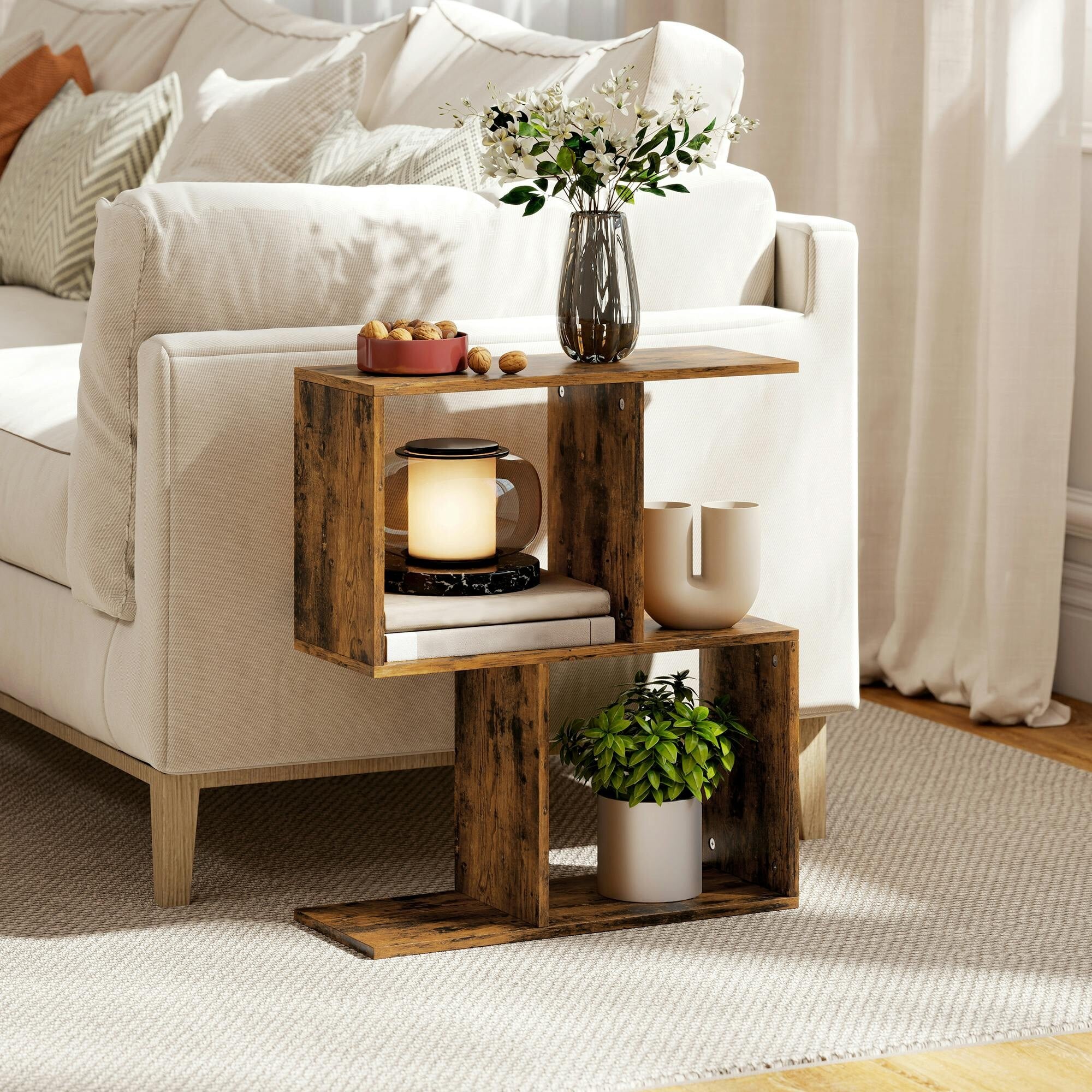 Homcom Side Table, Narrow End Table With Storage Shelves, Rustic Brown - Image 4