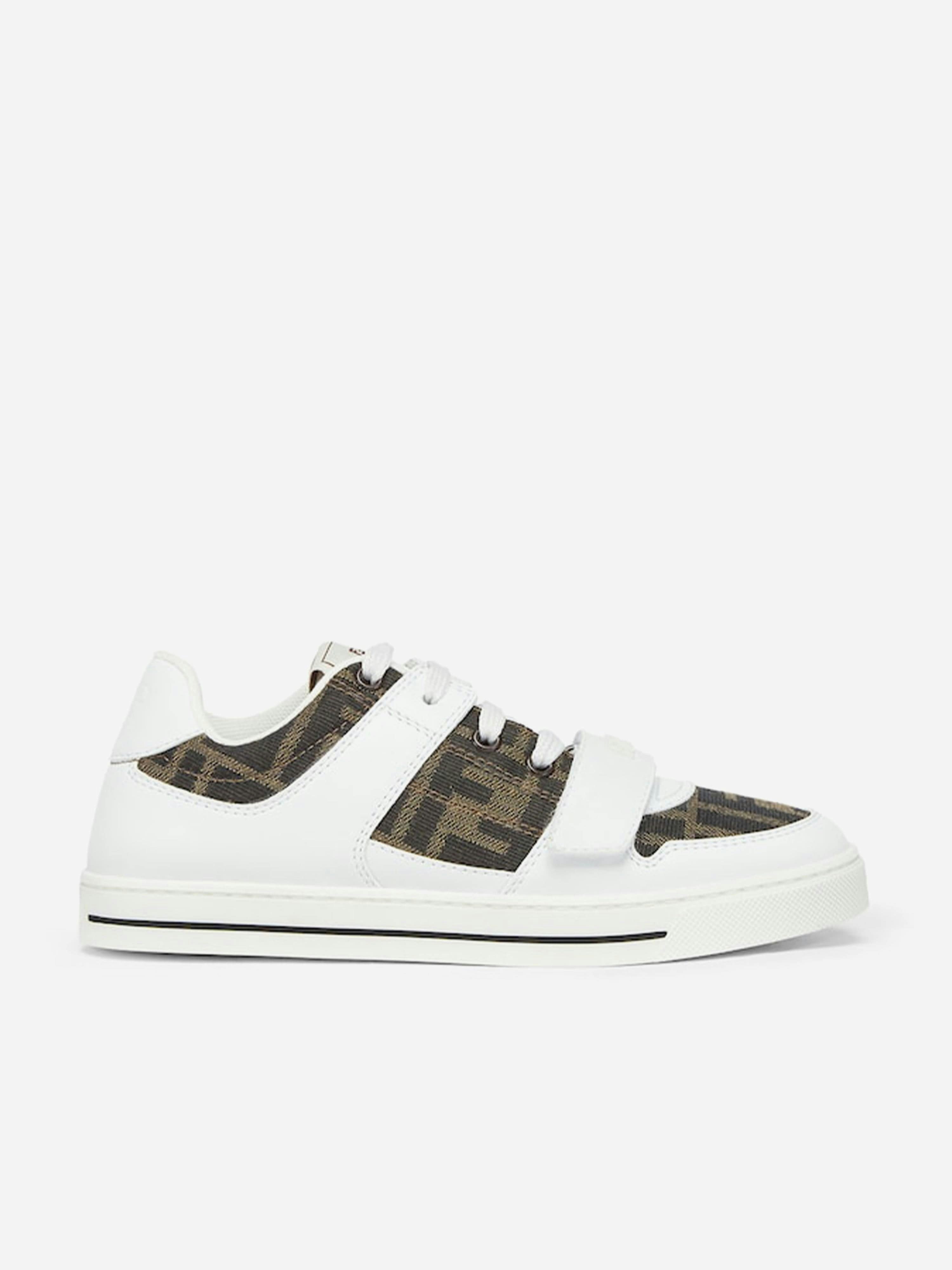 Fendi Kids Boys White Leather Jacquard Logo Trainers In - Eu 39 Uk 6