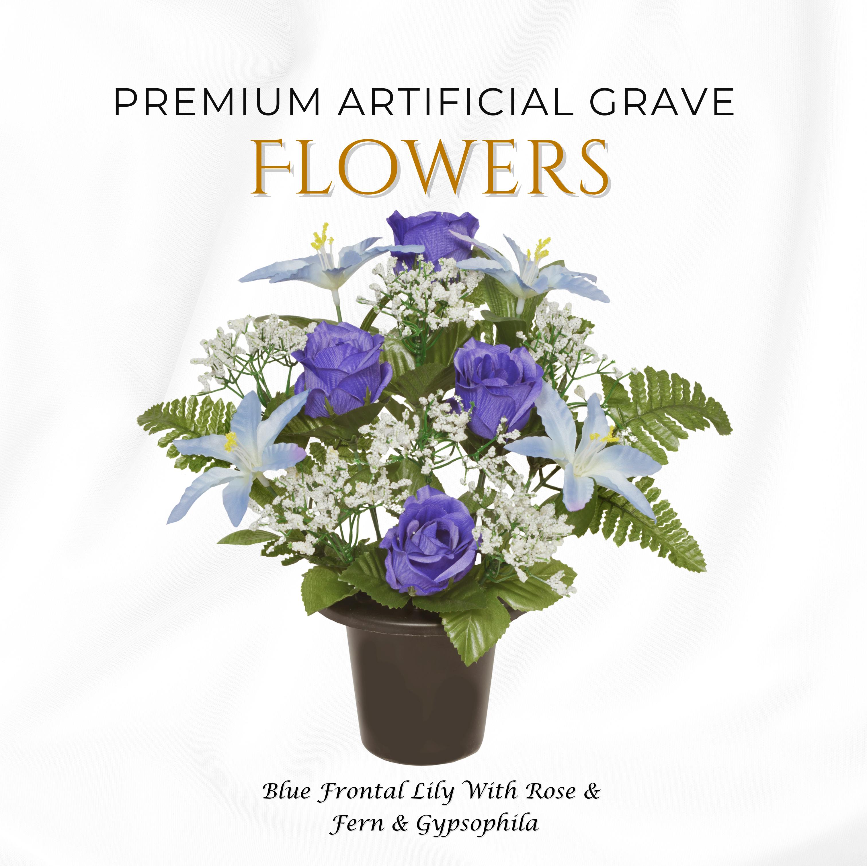 Memorials Direct Blue Premium Artificial Grave Flowers – 29Cm Frontal Lily With Rose & Fern & Gypsophila | Memorial Vase Pot