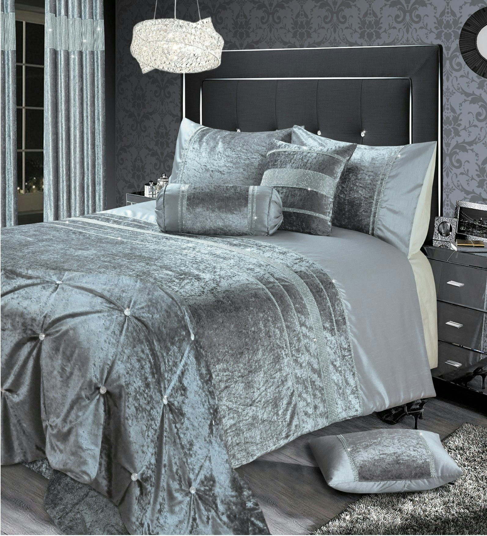 Intimates Silver Rienzo Crushed Velvet Diamante Duvet Cover & Pillowcase Set - Double