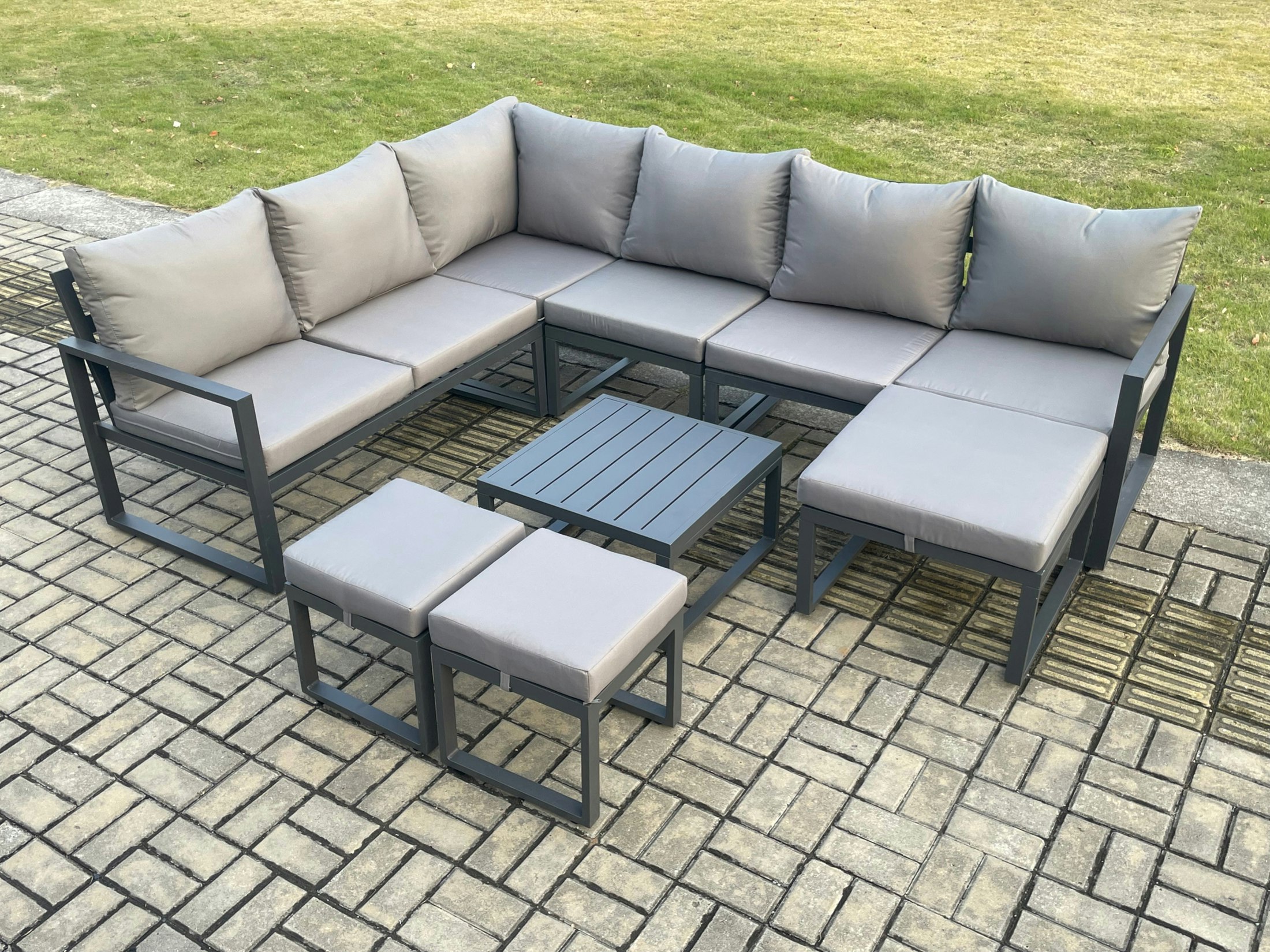 Fimous Dark/Grey 9 Seater Outdoor Lounge Corner Sofa Set Aluminium Garden Furniture Sets With Square Coffee Table 3 Footstools