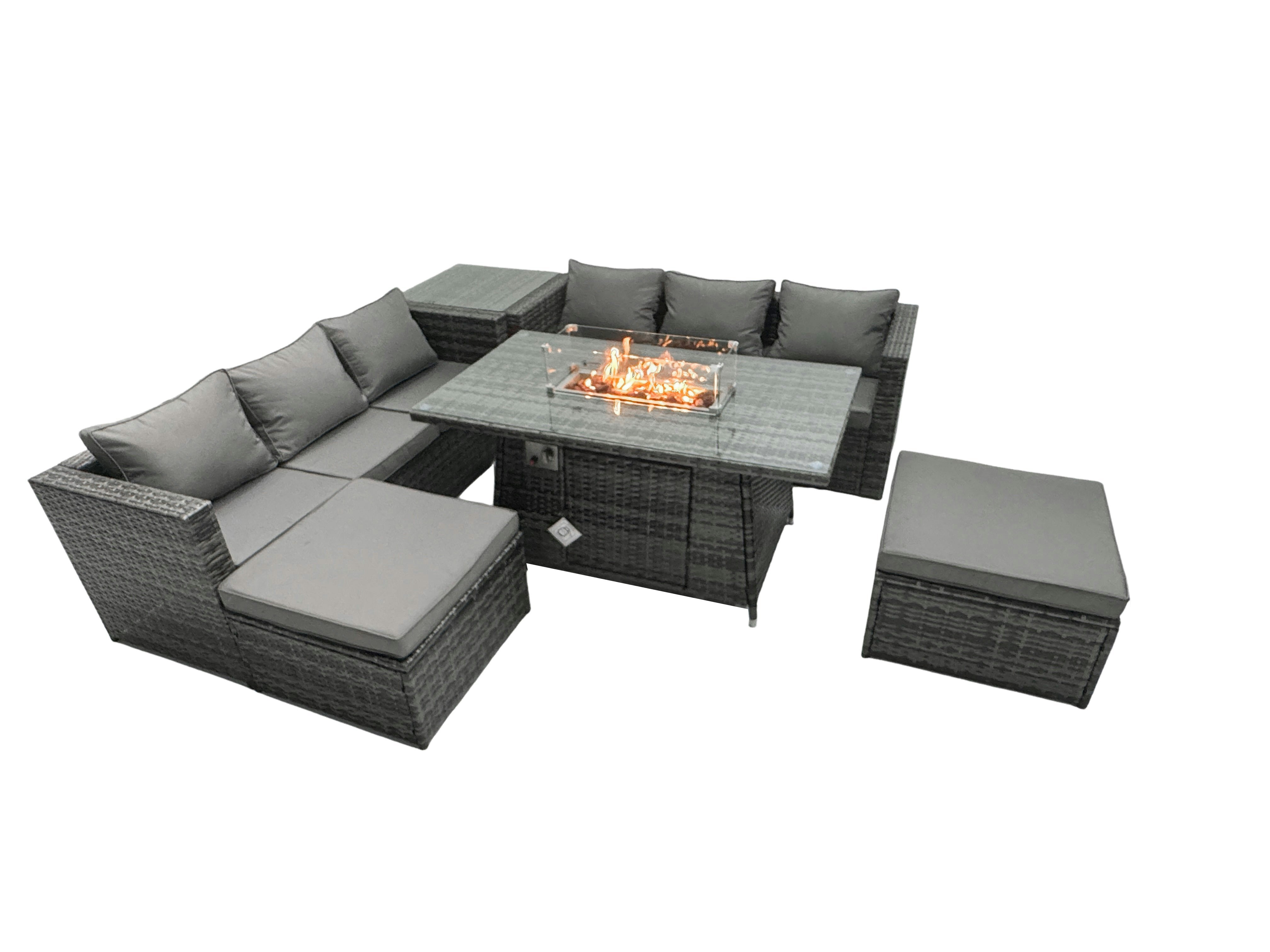 Fimous Dark/Grey Rattan Garden Furniture Fire Pit Dining Set 6 Seater Lounge Sofa Table Set With Side Tables 2 Footstool