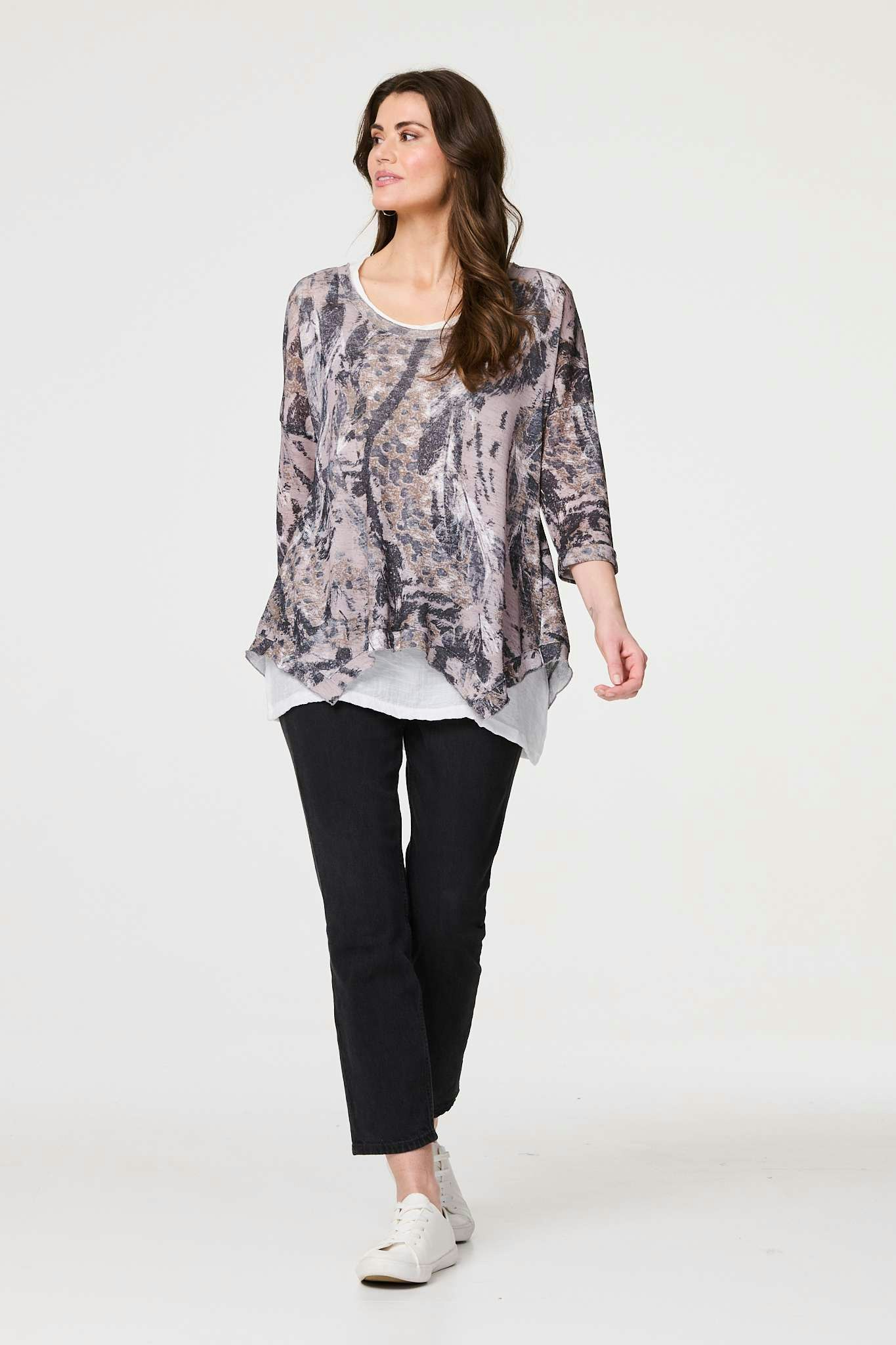 Izabel London Beige Animal Print Double Layer Relaxed Tunic Top - 8