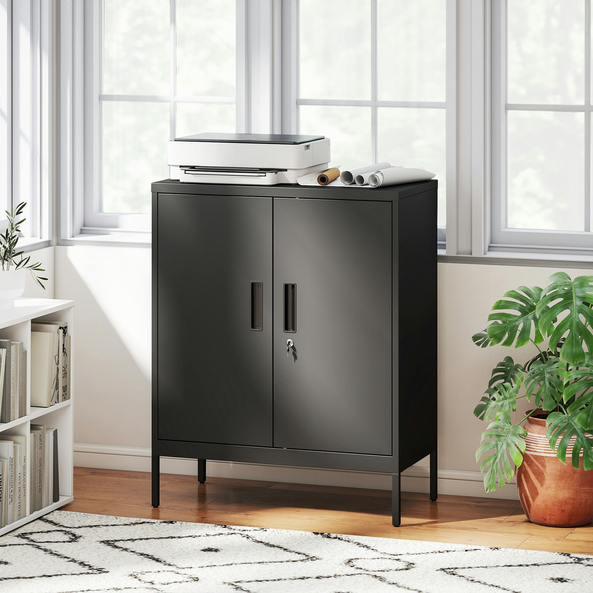 Rackhams Black Metal Storage Cabinet With Lock For Home Office, Garage, Study