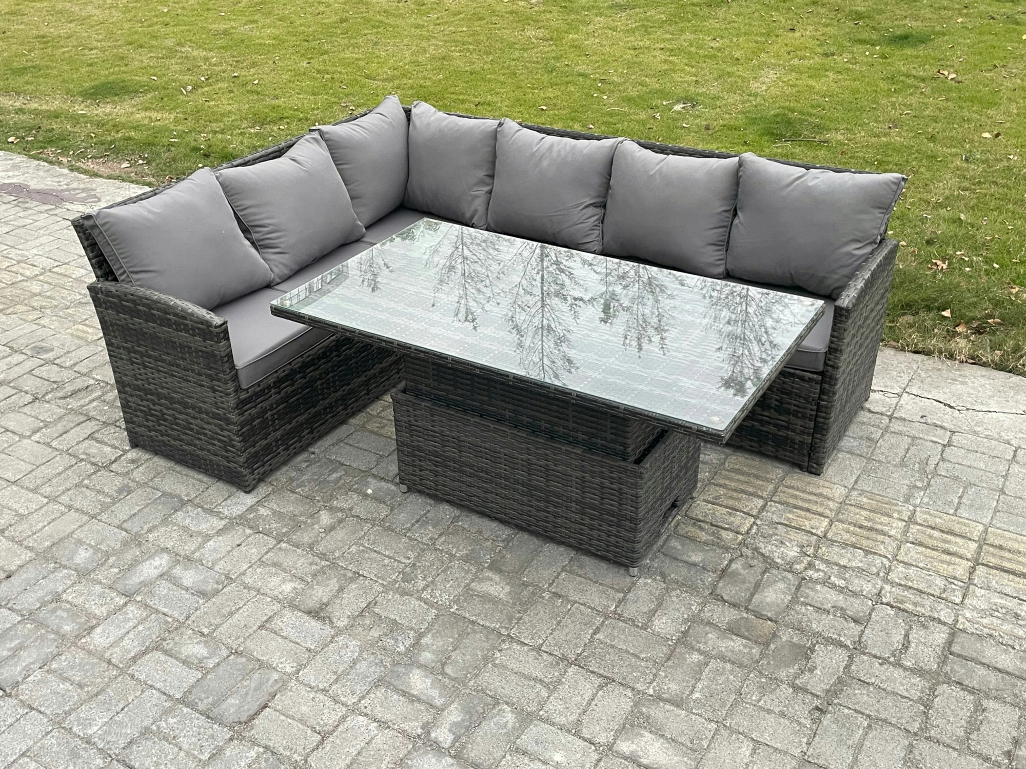 Fimous Dark/Grey Wicker Pe Outdoor Rattan Garden Furniture Set Height Adjustable Rising Lifting Table Sofa Dining Set With Mixed