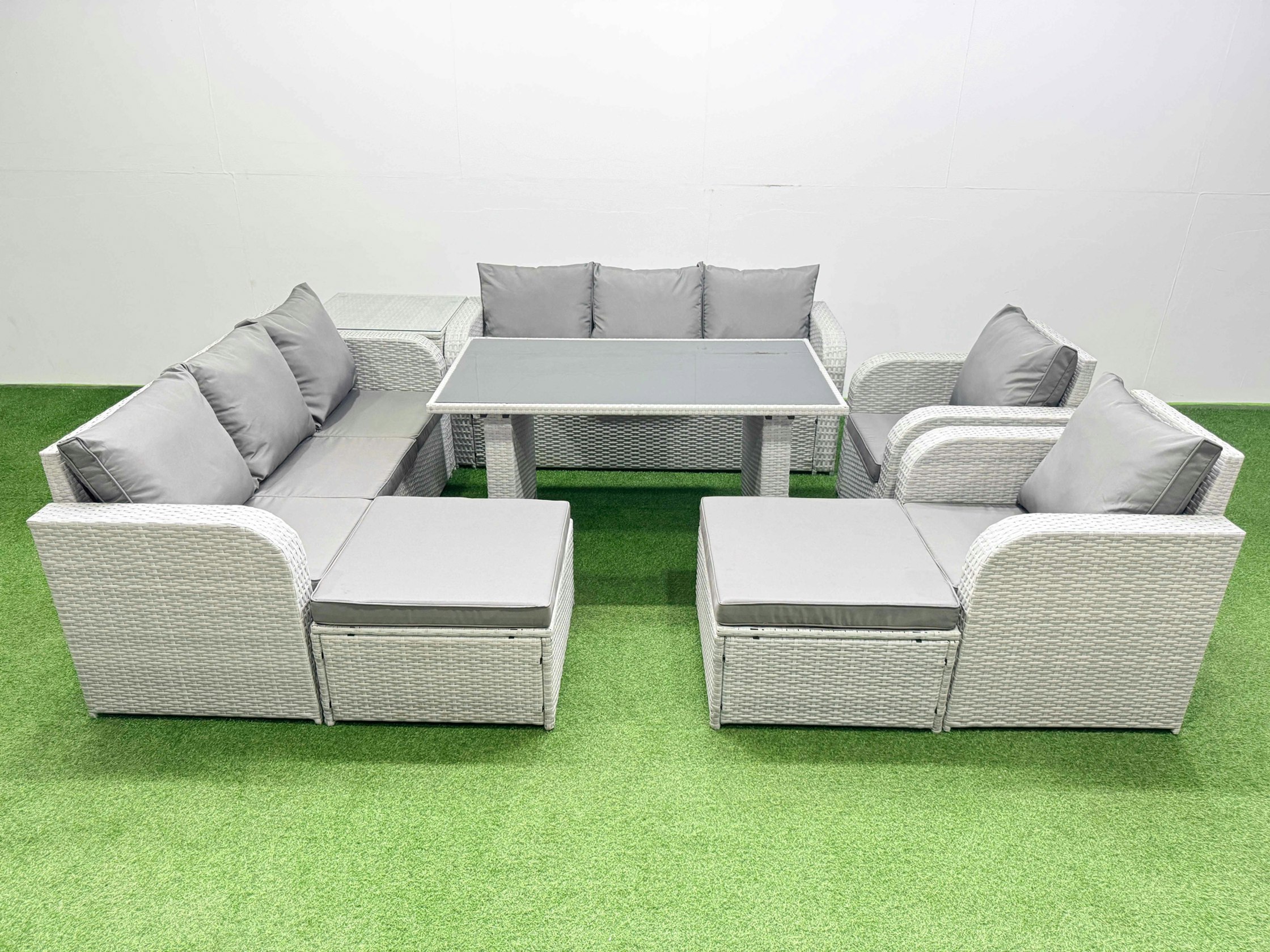 Rackhams Light/Grey 10 Seater Wicker Pe Rattan Furniture Outdoor Dining Table 3 Seater Sofa Reclining Chair Set With Side Table 2 Big Stools