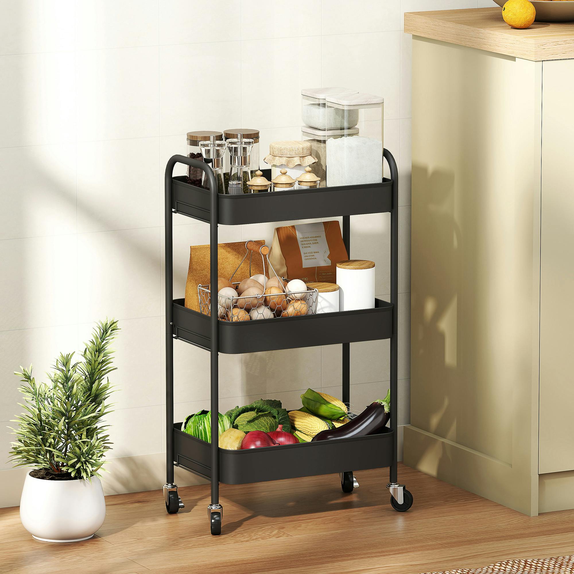 Rackhams Black 3 Tier Rolling Utility Cart With 3 Mesh Basket,