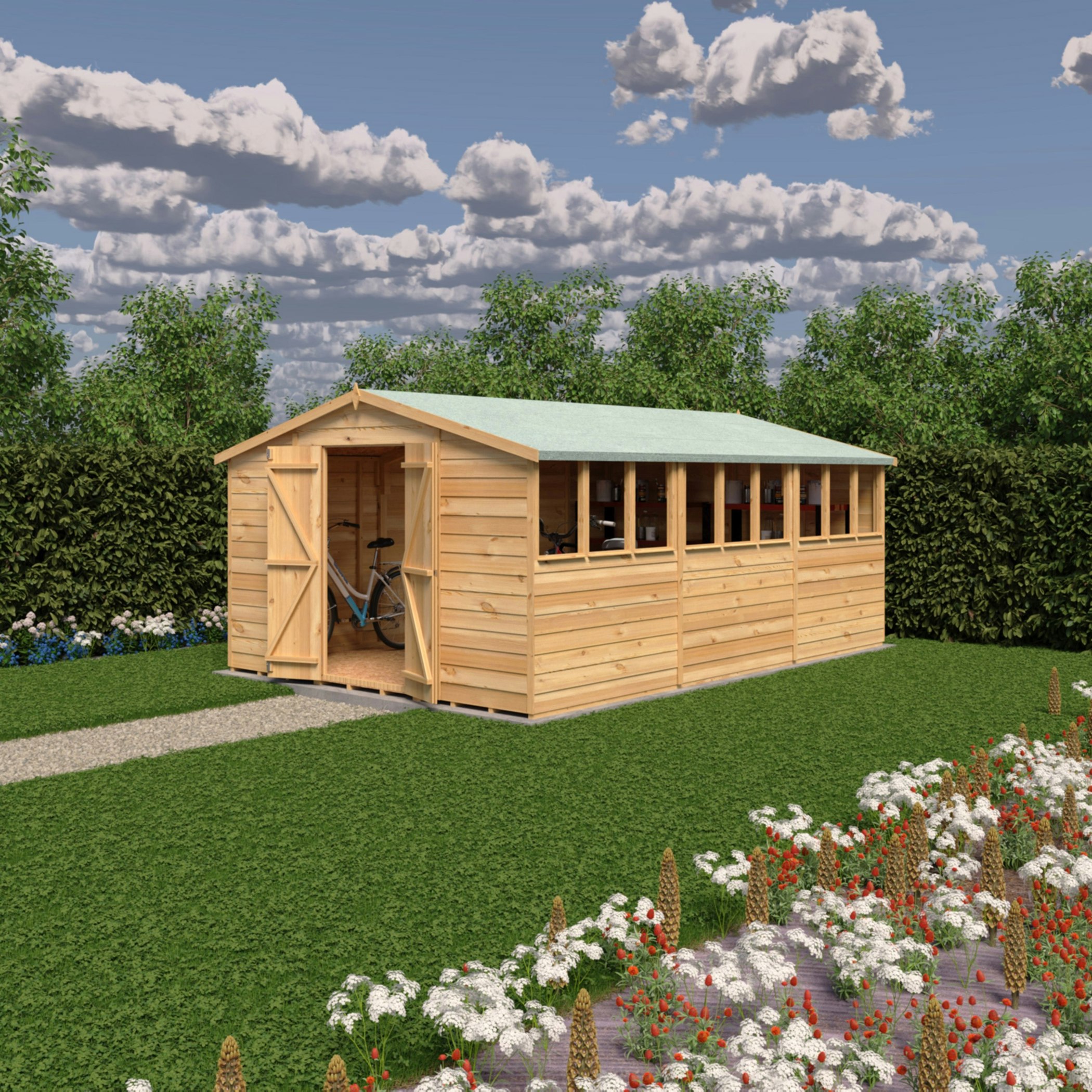 Rackhams Light/Green Overlap Double Door 10X15 Economy Storage Shed