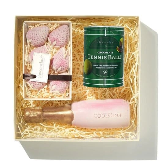 Choc On Choc White/Golden Chocolate Tennis Balls, Bottle And Strawberries Gift Box