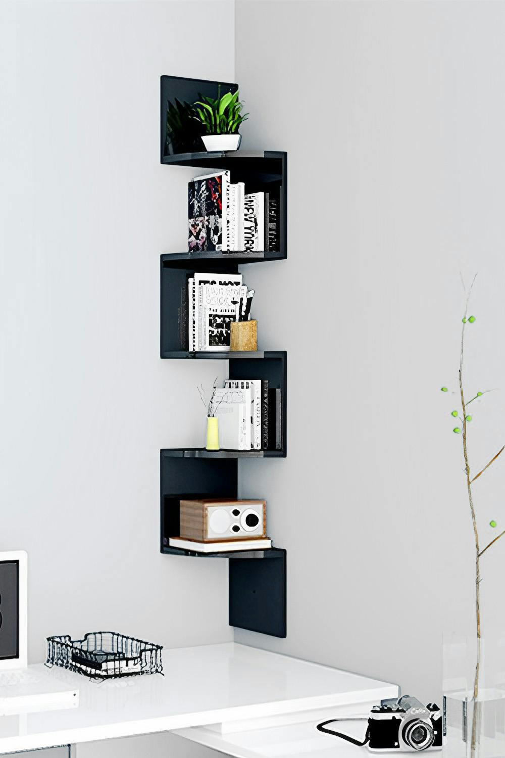 Rackhams Black 5-Tier Wooden Zigzag Floating Corner Shelves Bookshelf