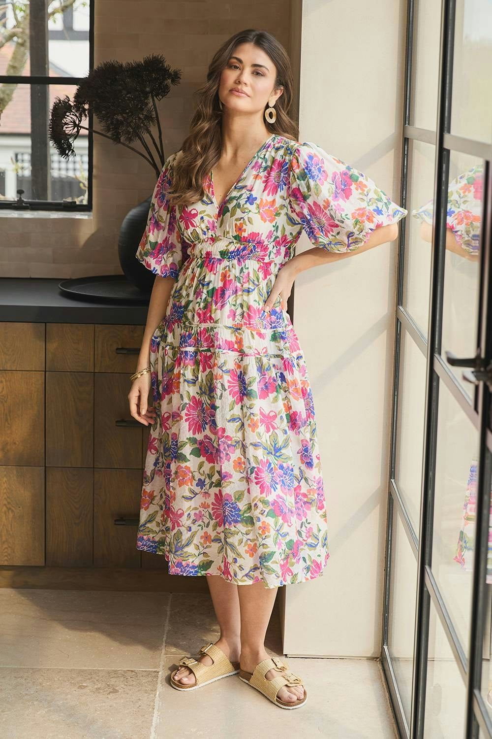Izabel London Pink Floral 1/2 Puff Sleeve Midi Dress - 12