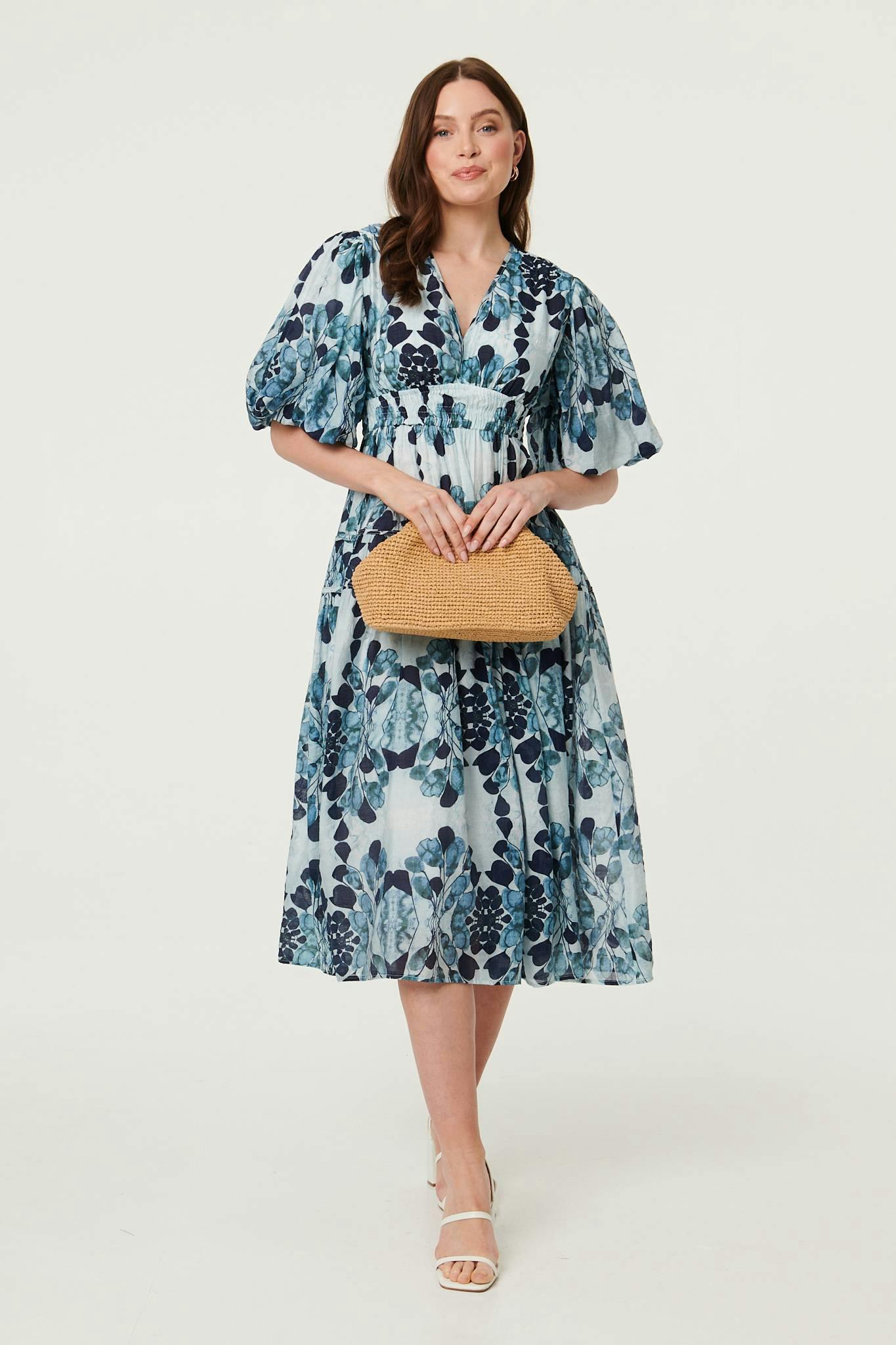 Izabel London Blue Floral 1/2 Puff Sleeve Tiered Midi Dress - 16