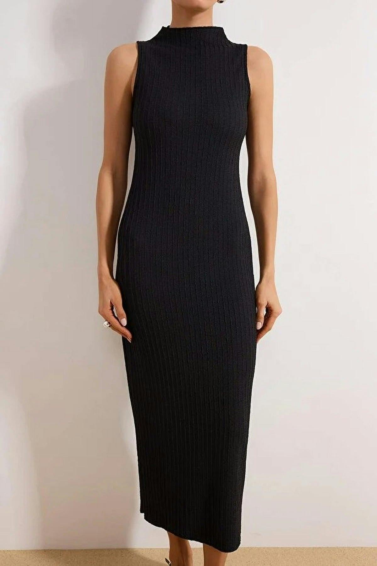 Wovcor Black Textured Fabric High Neck Fitted Stretch Maxi Knit Dress - Xs
