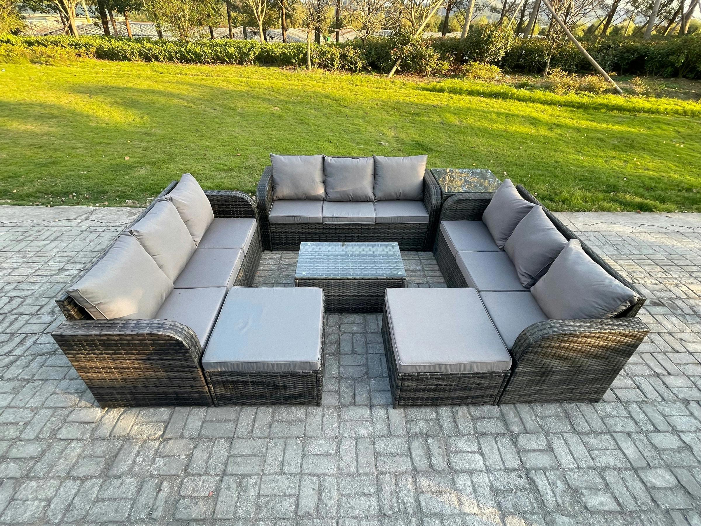 Fimous Dark/Grey 11 Seater Rattan Garden Furniture Set With Oblong Coffee Table, 3 Sofas, 2 Footstools & 1 Side Table
