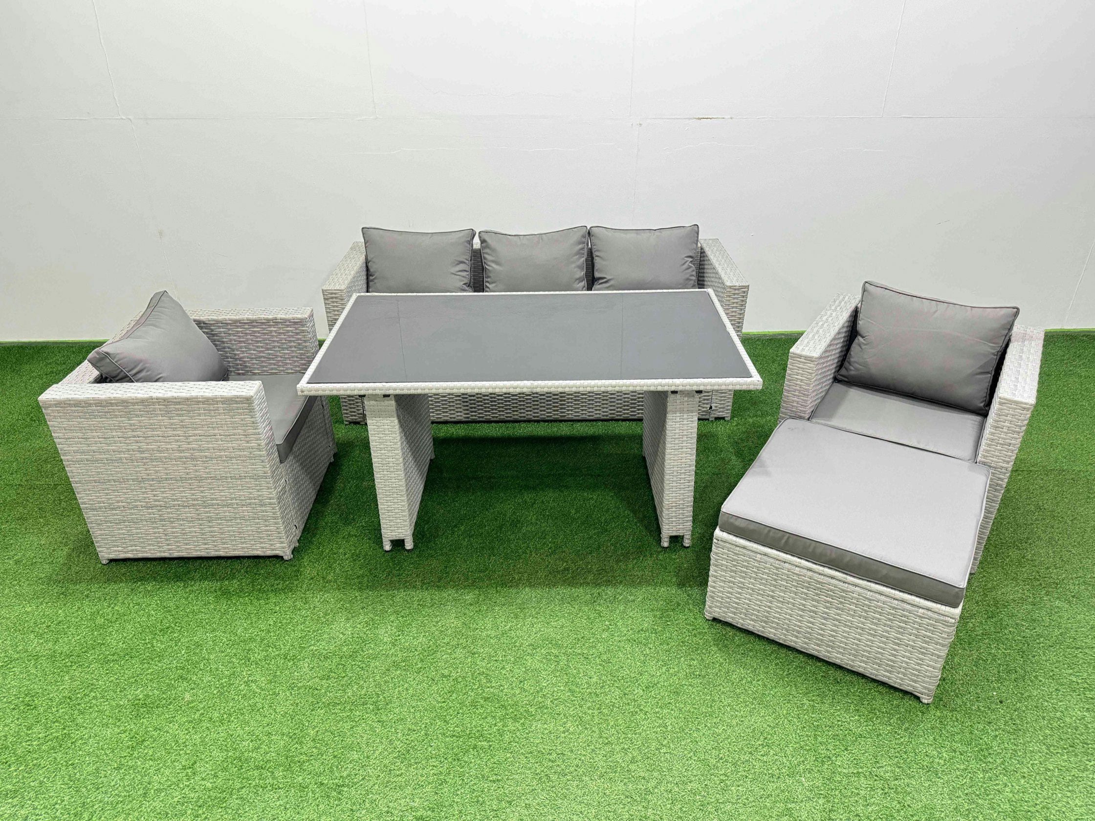 Fimous Black/Light/Grey Patio Garden Furniture Sets With Glass Top Dining Table Armchair 3 Seater Sofa Big Stool