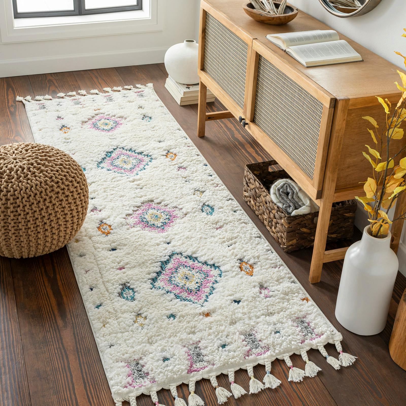 Livabliss Ivory/Pink/Blue Lofty-Shaggy Vintage Boho Plush Soft Pile Fringe Rug - 80 X 220 Cm