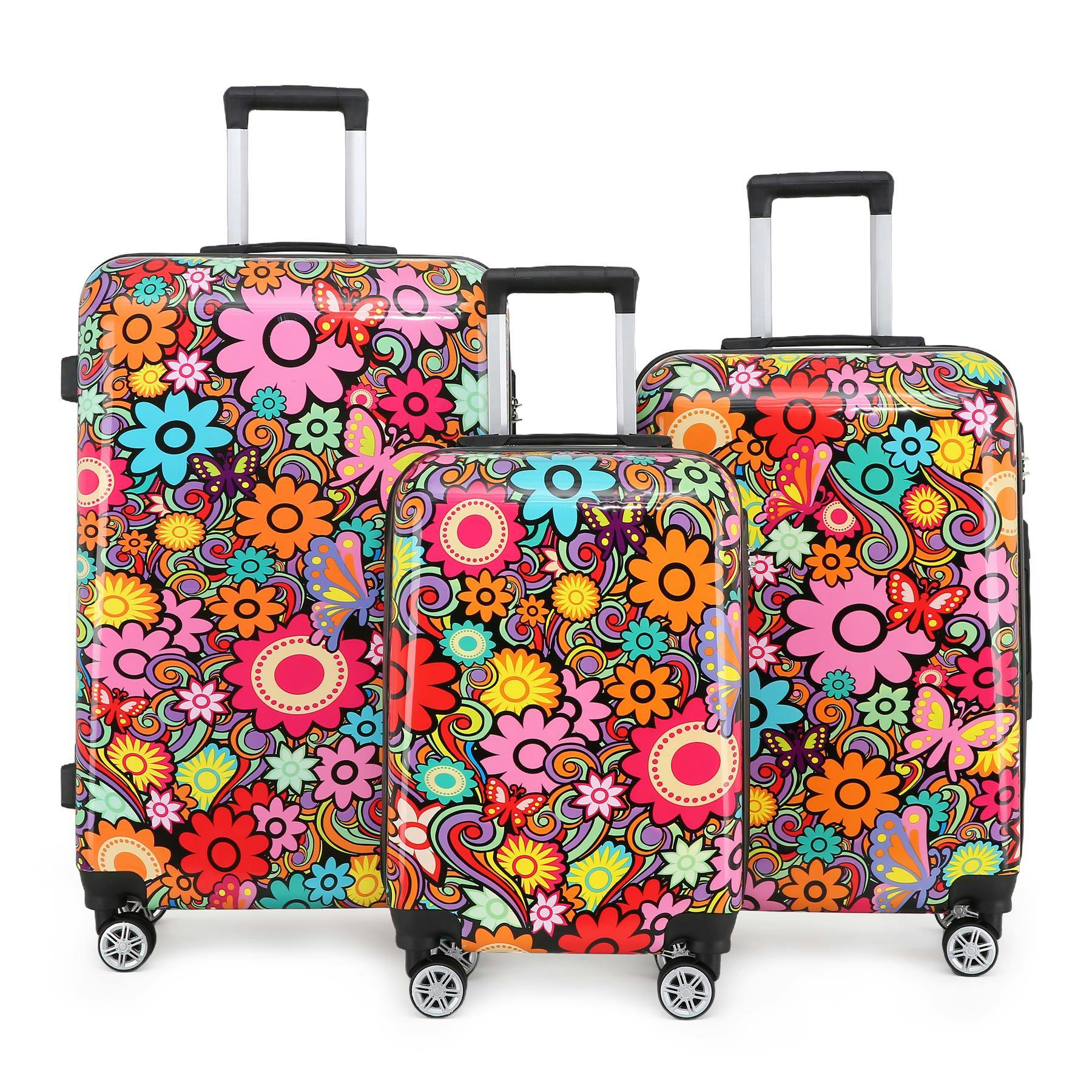 Infinity Luggage Hardside Shell Suitcase Set Printed Luggage Lightweight Cabin Travel Bag - Flower - Set Of 3