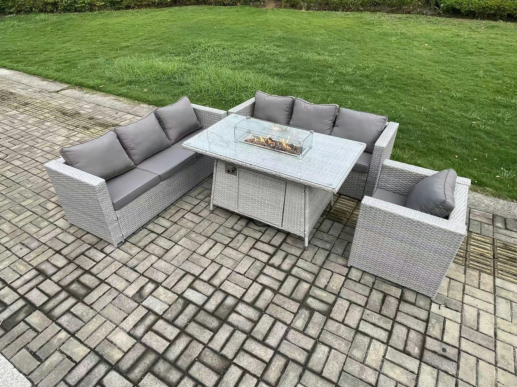 Rackhams Light/Grey 7 Seater Outdoor Garden Dining Sets Rattan Furniture Gas Fire Pit Dining Table Gas Heater With Armchair