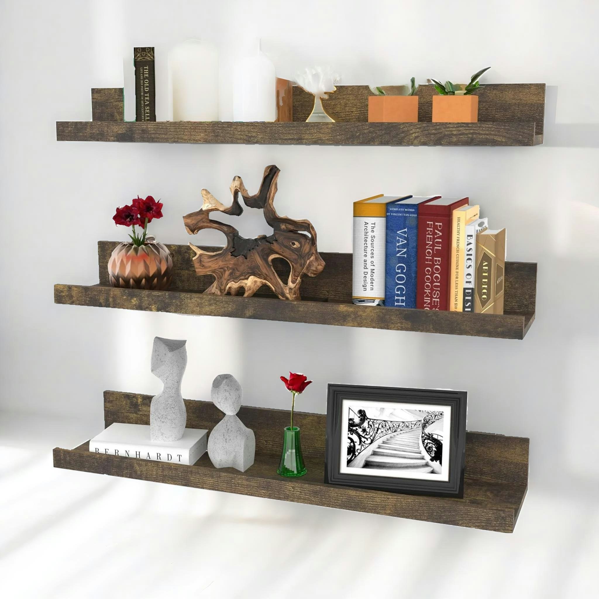 Rafaelo Mobilia Brown Set Of 3 Wall Mounted Shelves Industrial Rustic