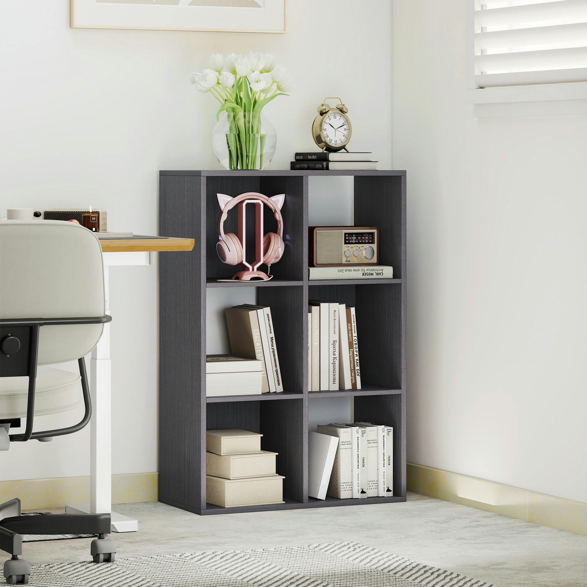 Rackhams Black/Grey 6-Cube Bookshelf, Display Shelving Unit For Home Office, - 61.5W X 29.5D X 91.5H Cm - 1