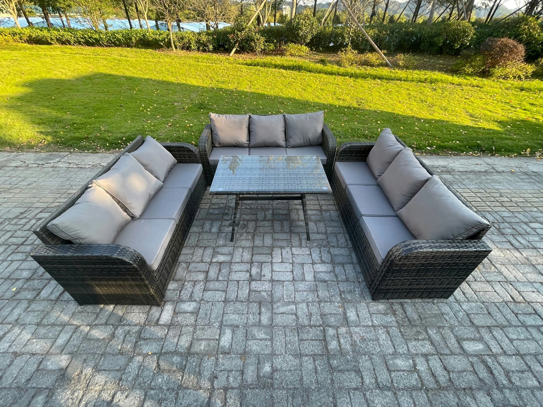 Fimous Dark/Grey 9 Seater Wicker Rattan Garden Furniture Set With Rectangular Dining Table Patio Outdoor Lounge Sofa Set