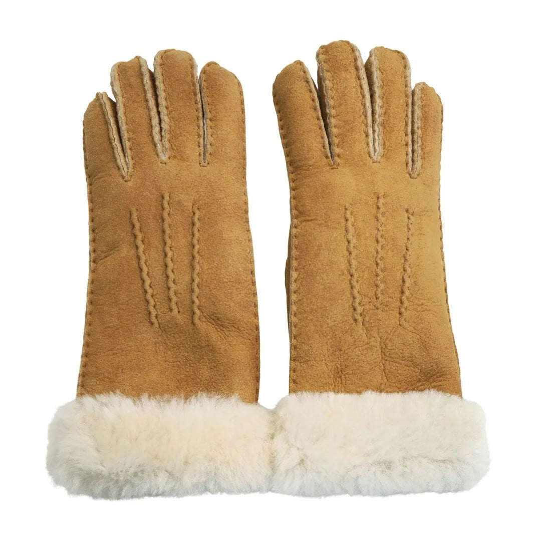 Infinity Leather Women's Plush Shearling Cuff Suede Genuine Leather Gloves - Tan - Large