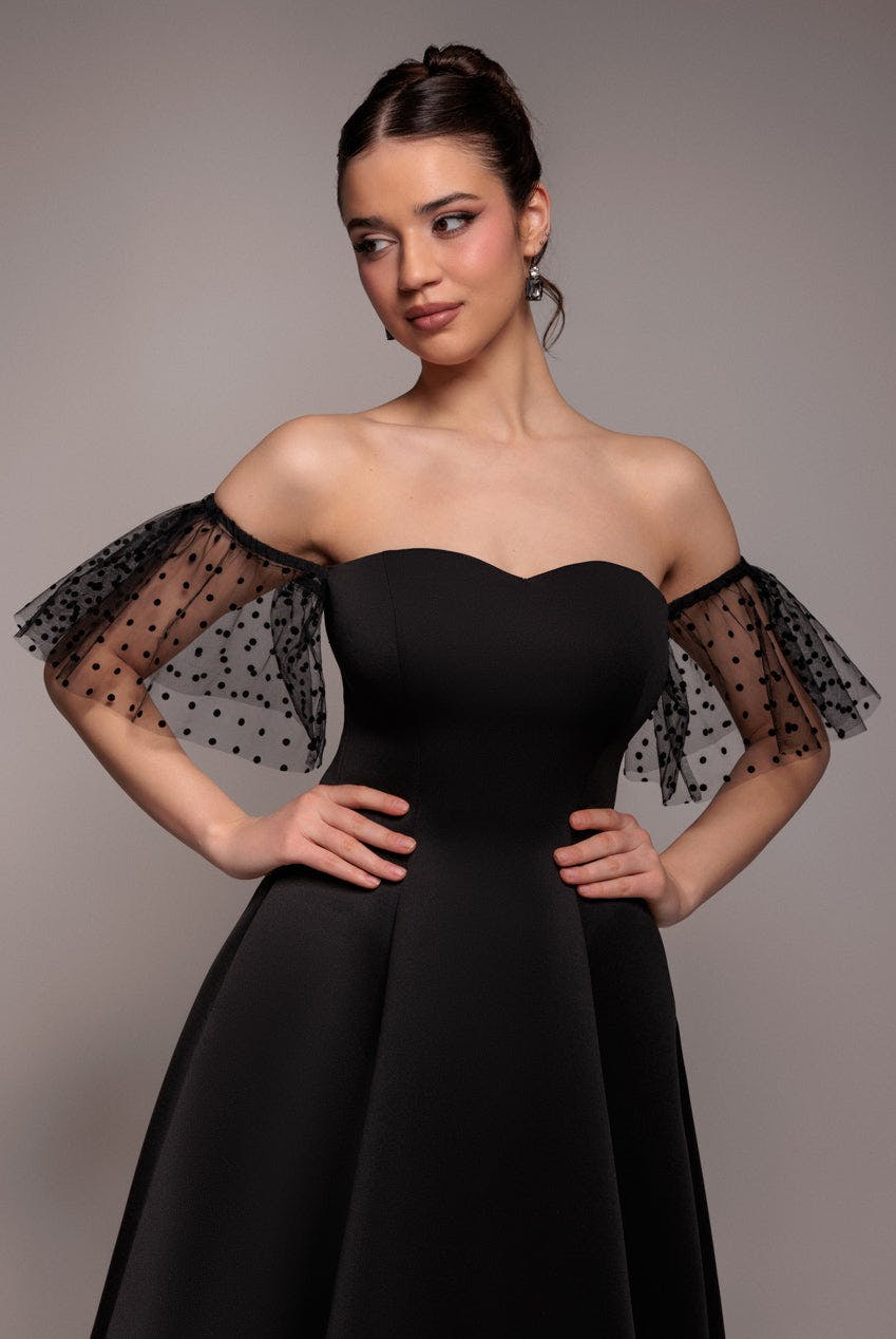 Goddiva Black Scuba & Polka Mesh Off The Shoulder Midi Dress - By - 12