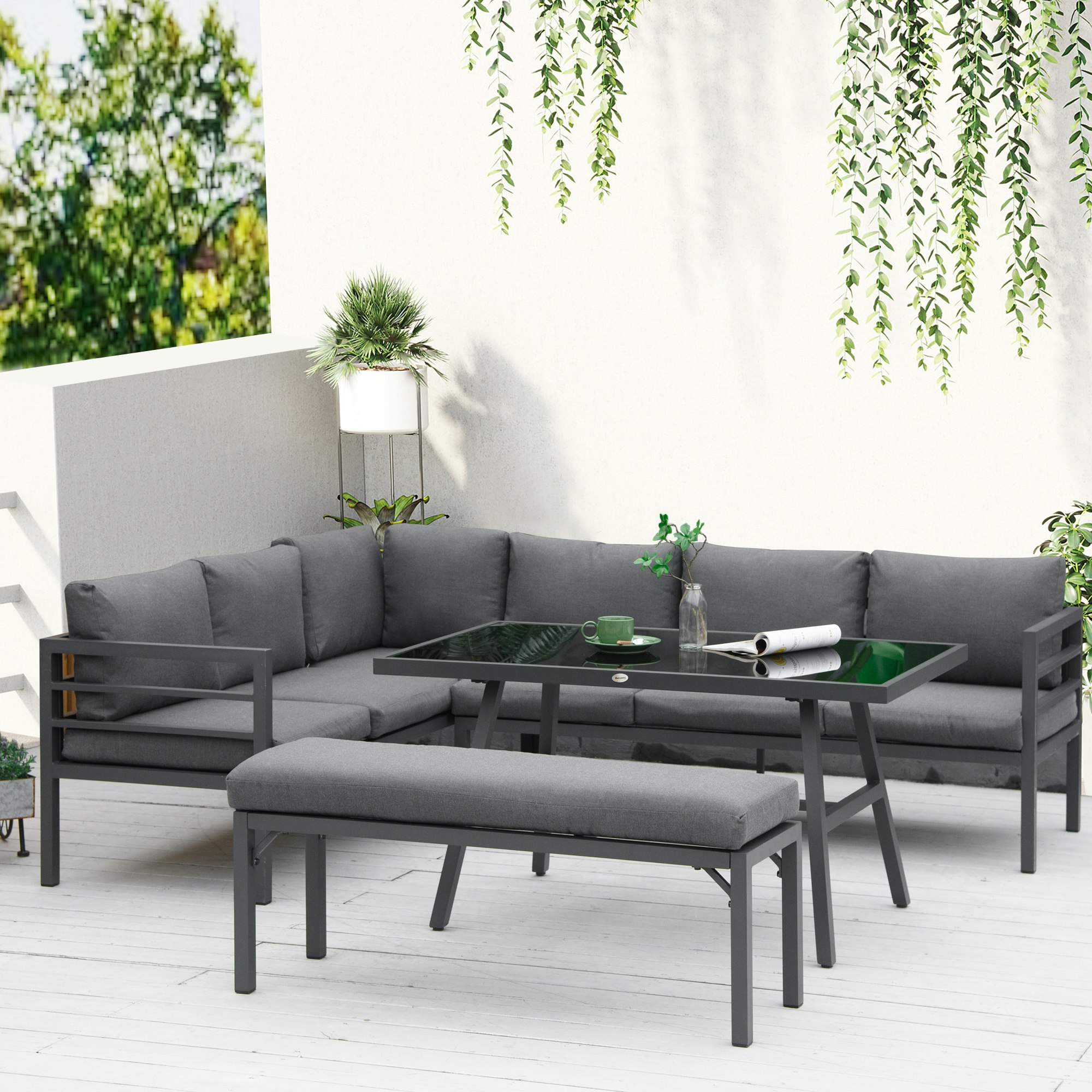 Rackhams 8-Seater Aluminium Garden Dining Sofa Furniture Set With Cushions