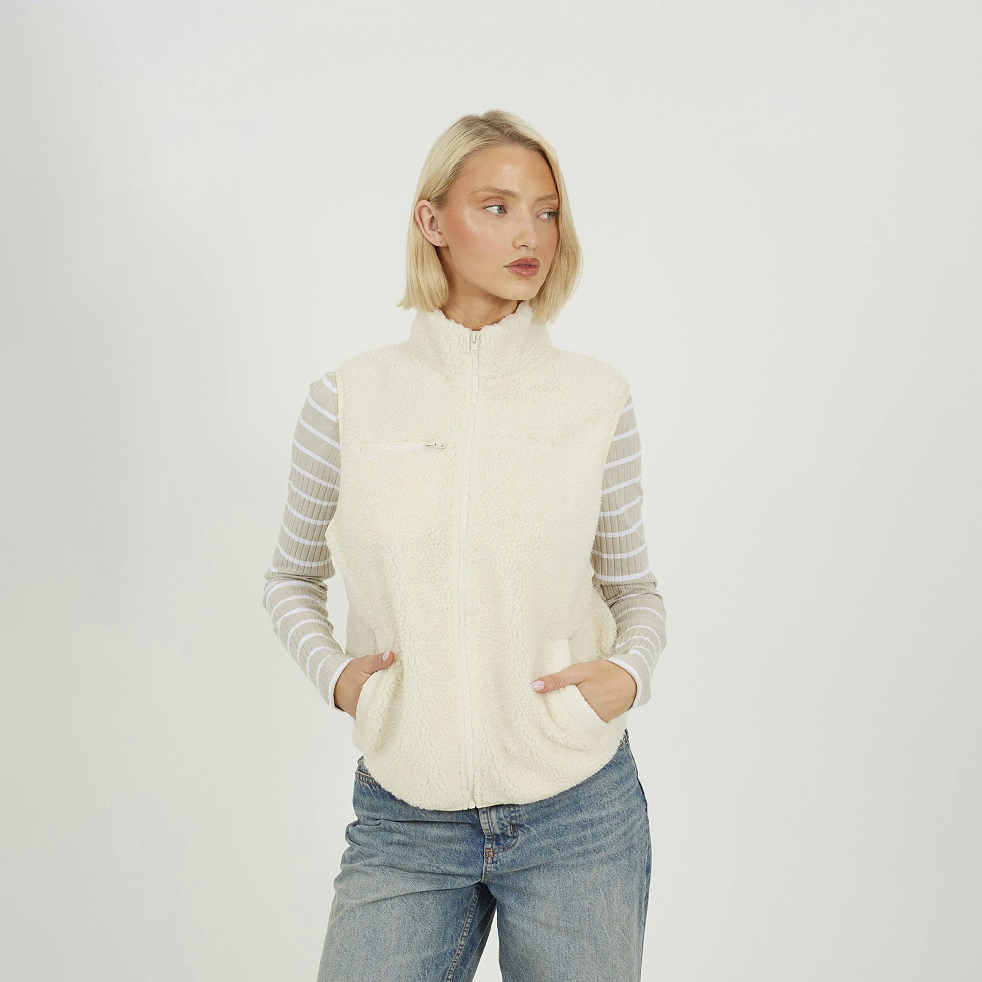 Brave Soul Cream Zip Through Fleece Gilet - L