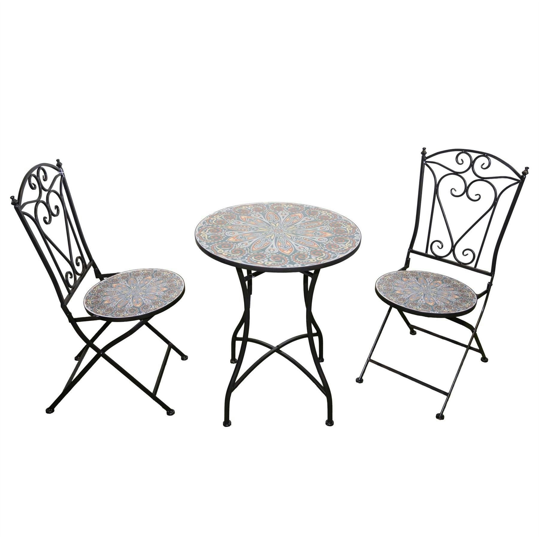Rackhams Cairo Mosaic Bistro Set 3 Piece Metal Outdoor Garden Furniture Set With Folding Chairs & Round Table For Balcony - 3 Piece