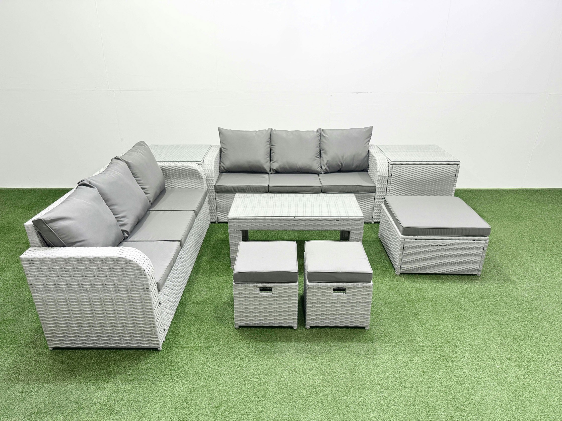 Fimous Light/Grey 9-Seater High Back Rattan Garden Furniture Set - Wicker Sofa With Oblong Coffee Table & 3 Stools