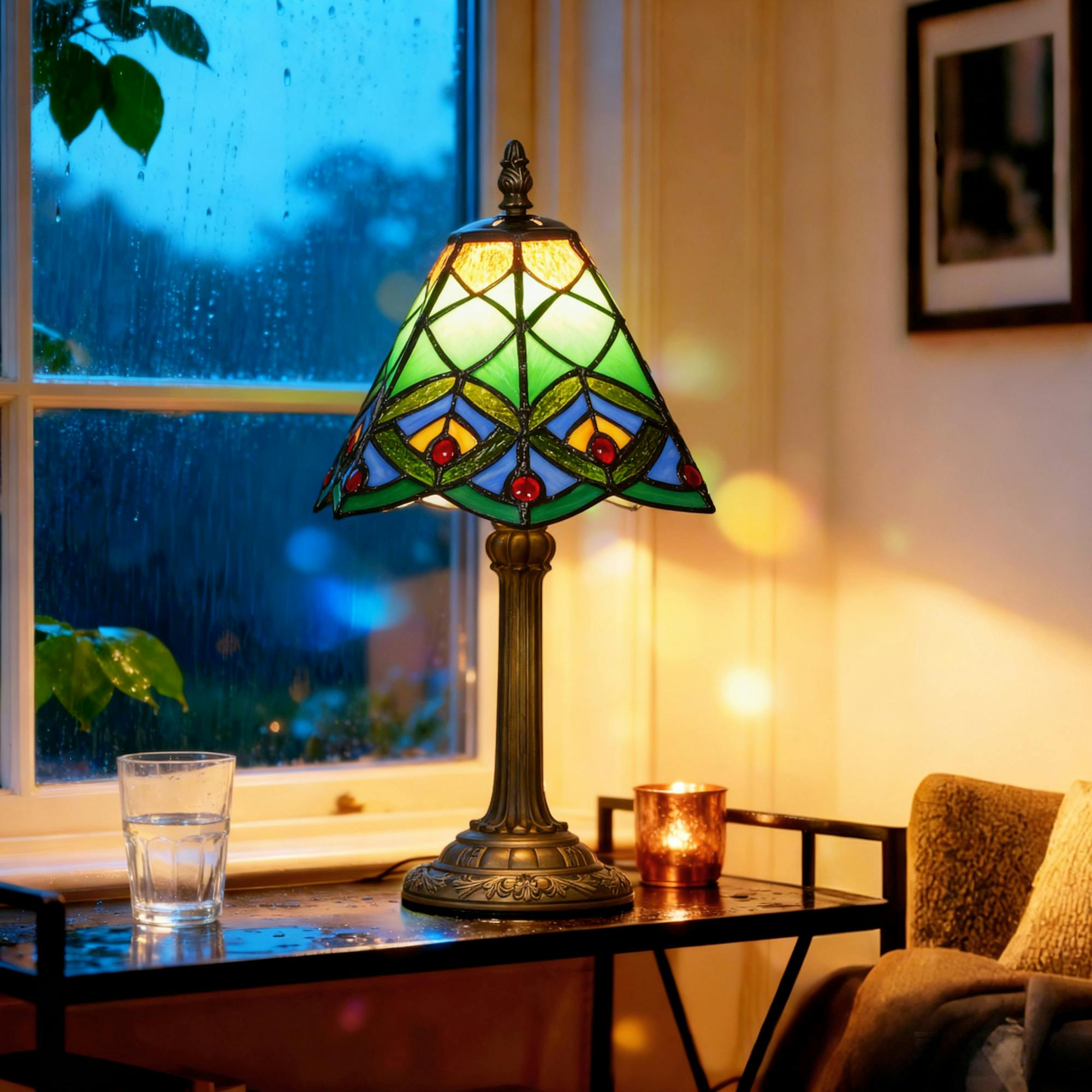 Rackhams Green Handcrafted Stained Glass Bedside Lamp, Tiffany Style Table Lamp