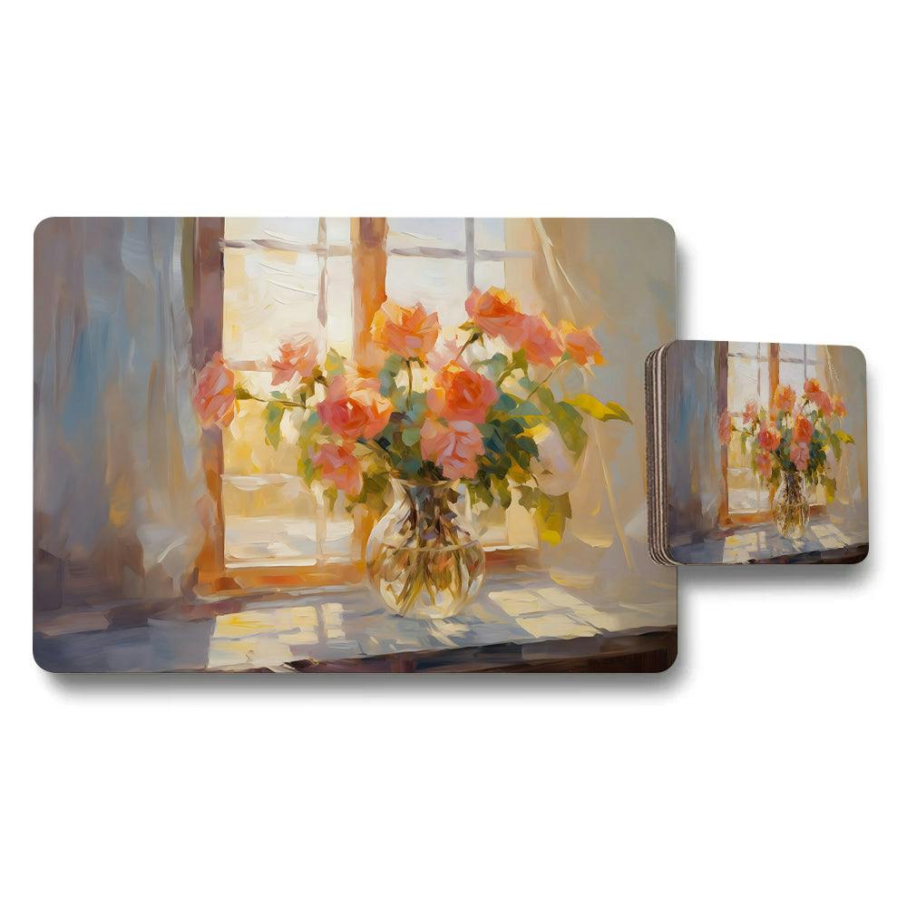 Benjamin Tate Design Pink Roses In Glass Vase By Window Placemat And Coaster Set