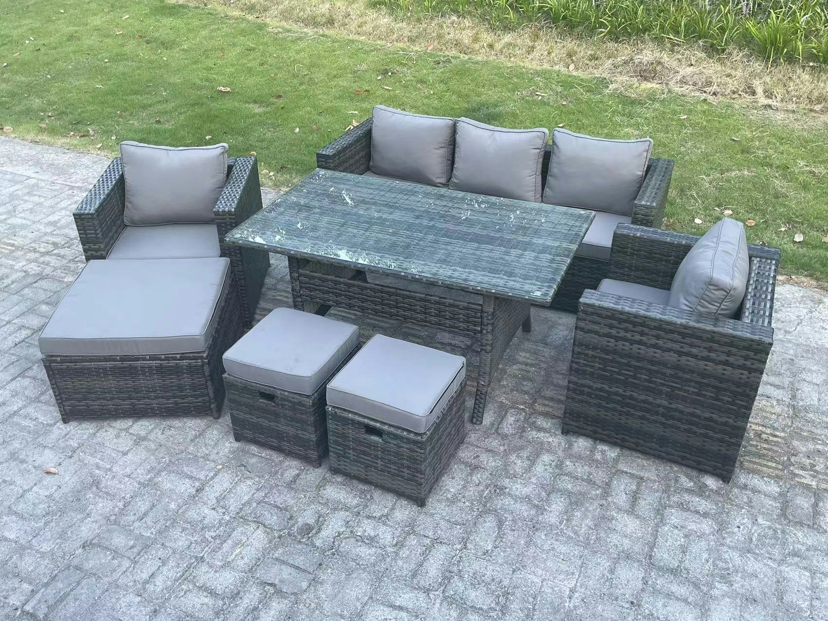 Fimous Dark/Grey Outdoor Garden Furniture Set Patio Rattan Rectangular Dining Table Lounge Sofa Chair With Big Footstool 2 Small Stools Mixed