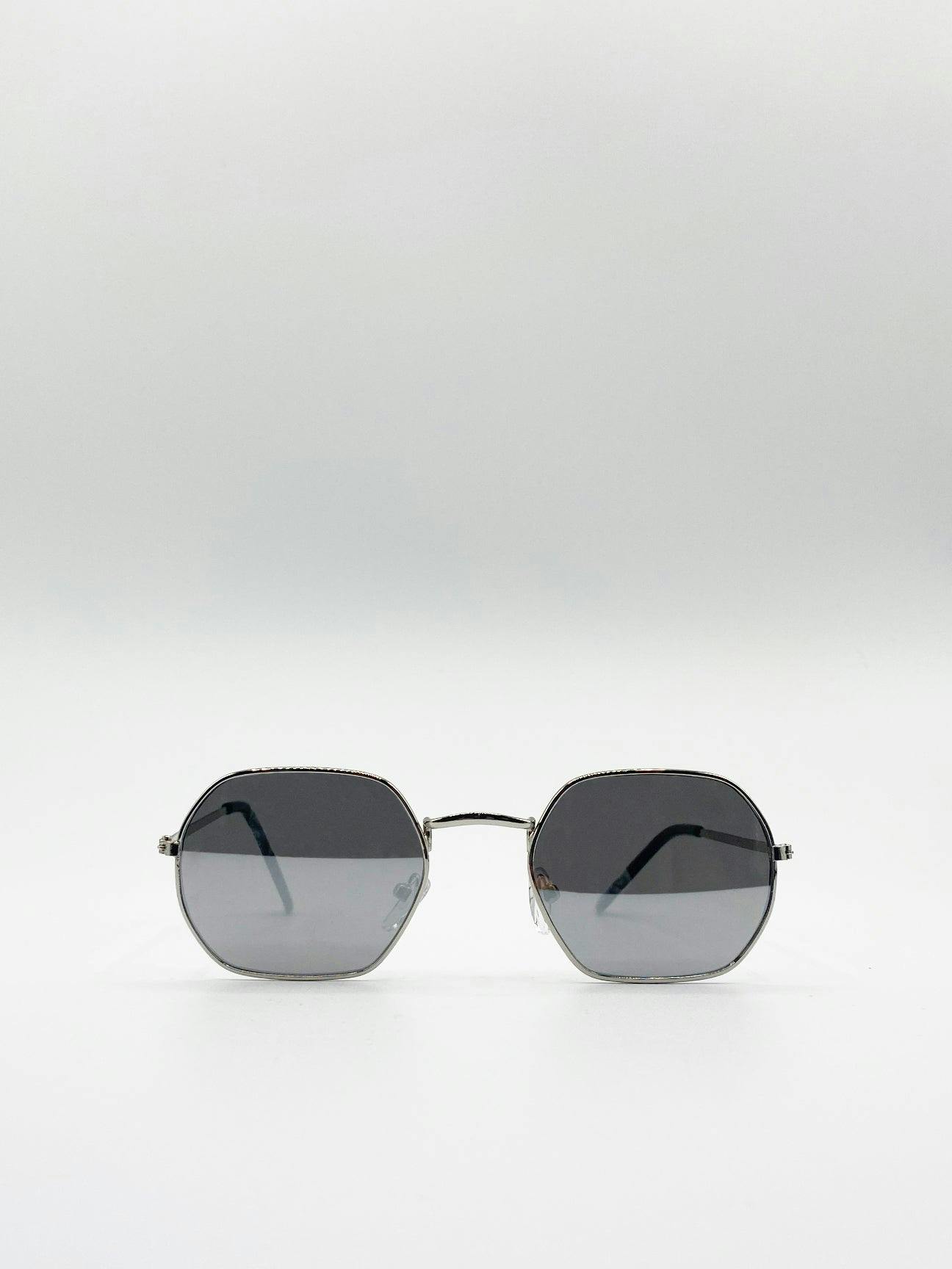 Svnx Silver Hexagon Metal Frame Sunglasses With Mirror Lenses In