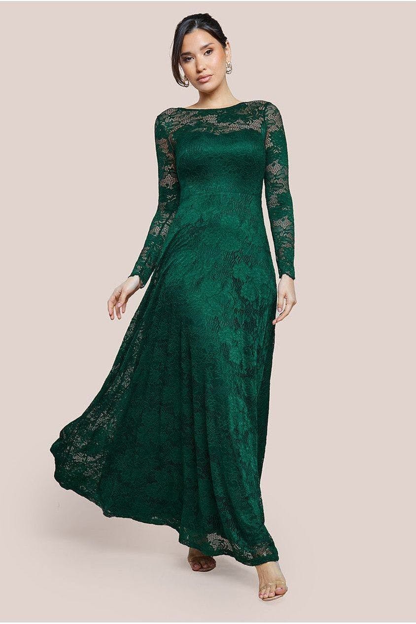 Goddiva Green Scalloped Lace A-Line Maxi Dress - Emerald By - Emerald - 8