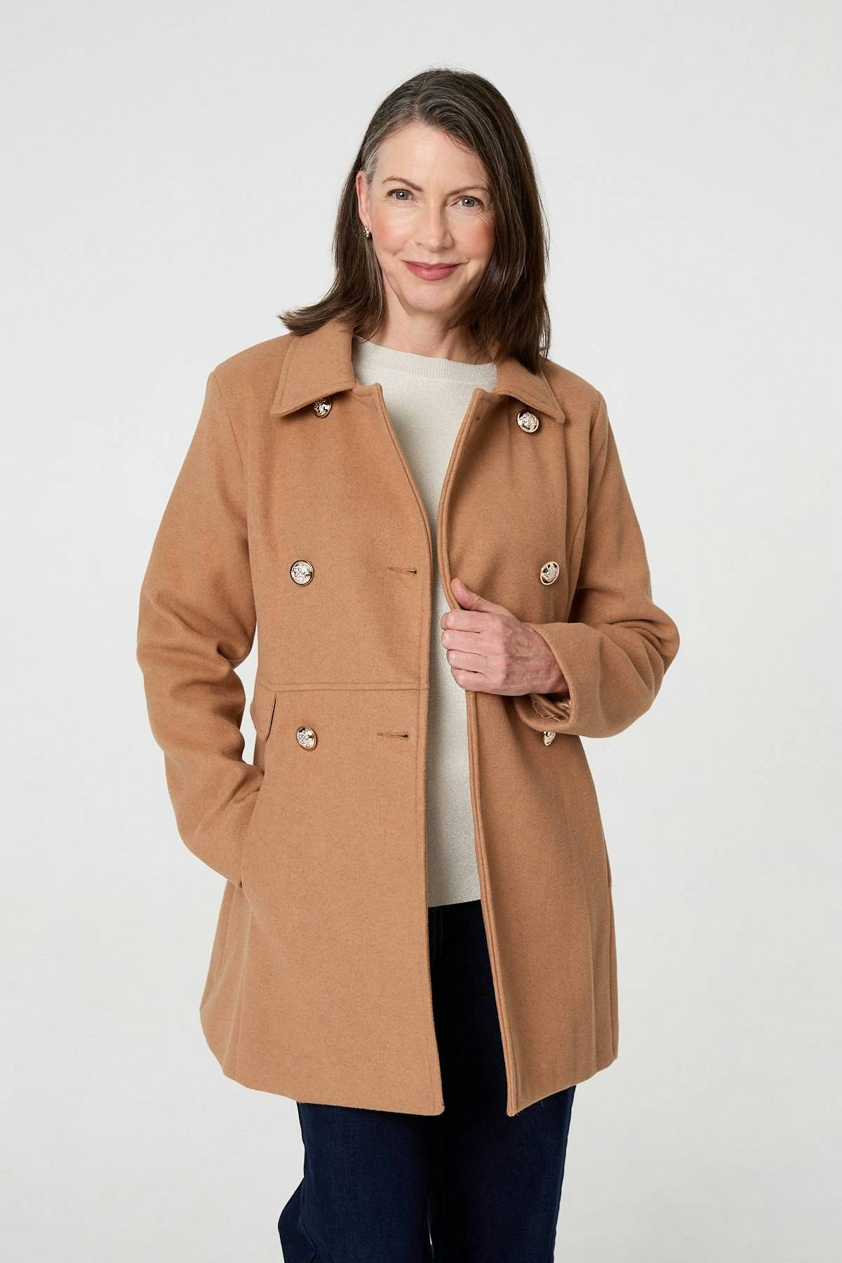 Izabel London Button Detail Double Breasted Jacket - Tan - 14