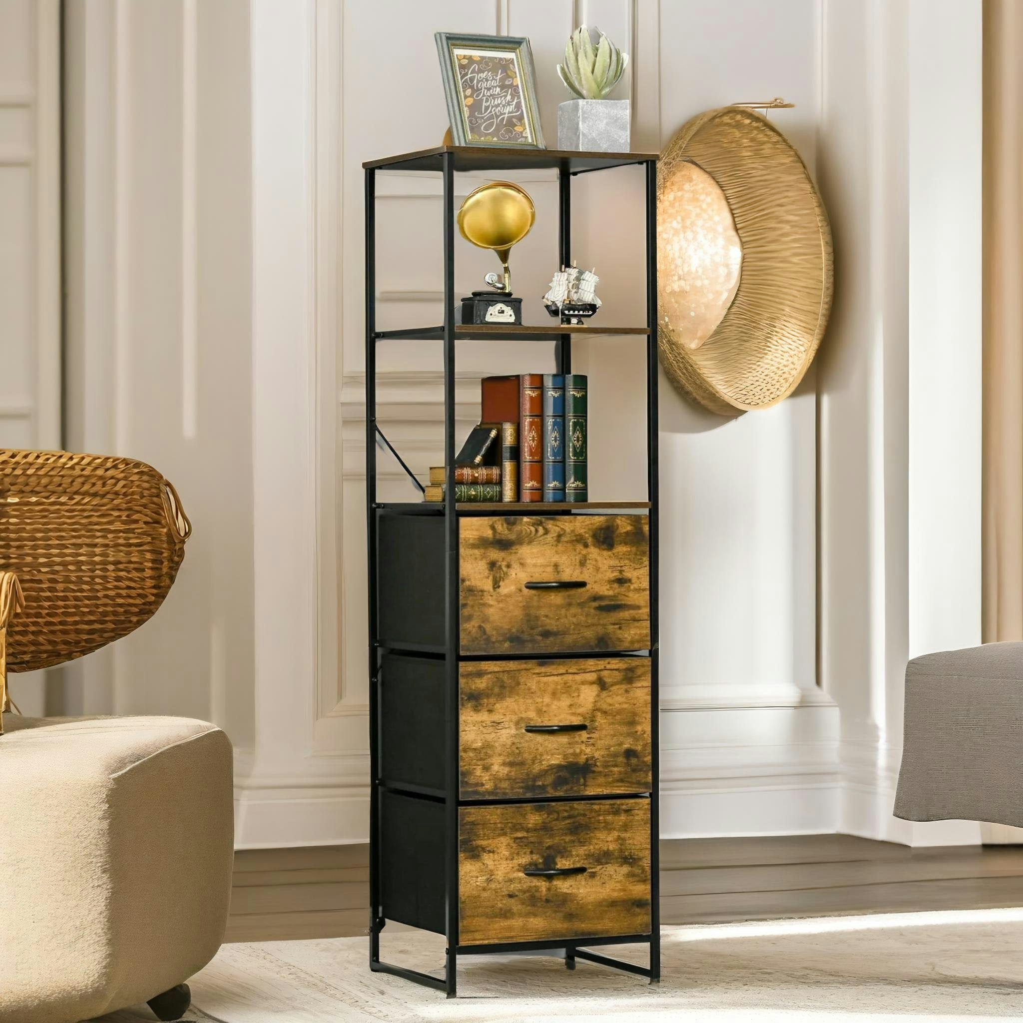 Rafaelo Mobilia Brown Industrial Storage Cabinet With 2 Open Shelves Rustic