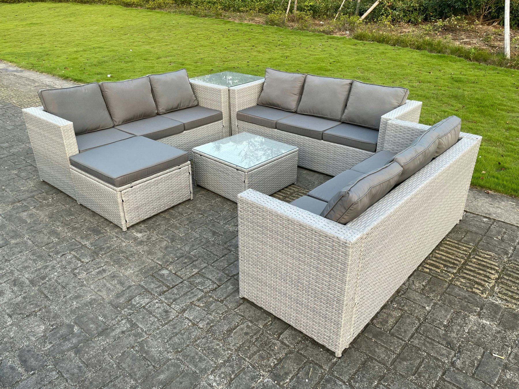 Rackhams Light/Grey Lounge Outdoor Pe Rattan Garden Furniture Set Wicker Sofa Set Square Coffee Table Side Table Footstool