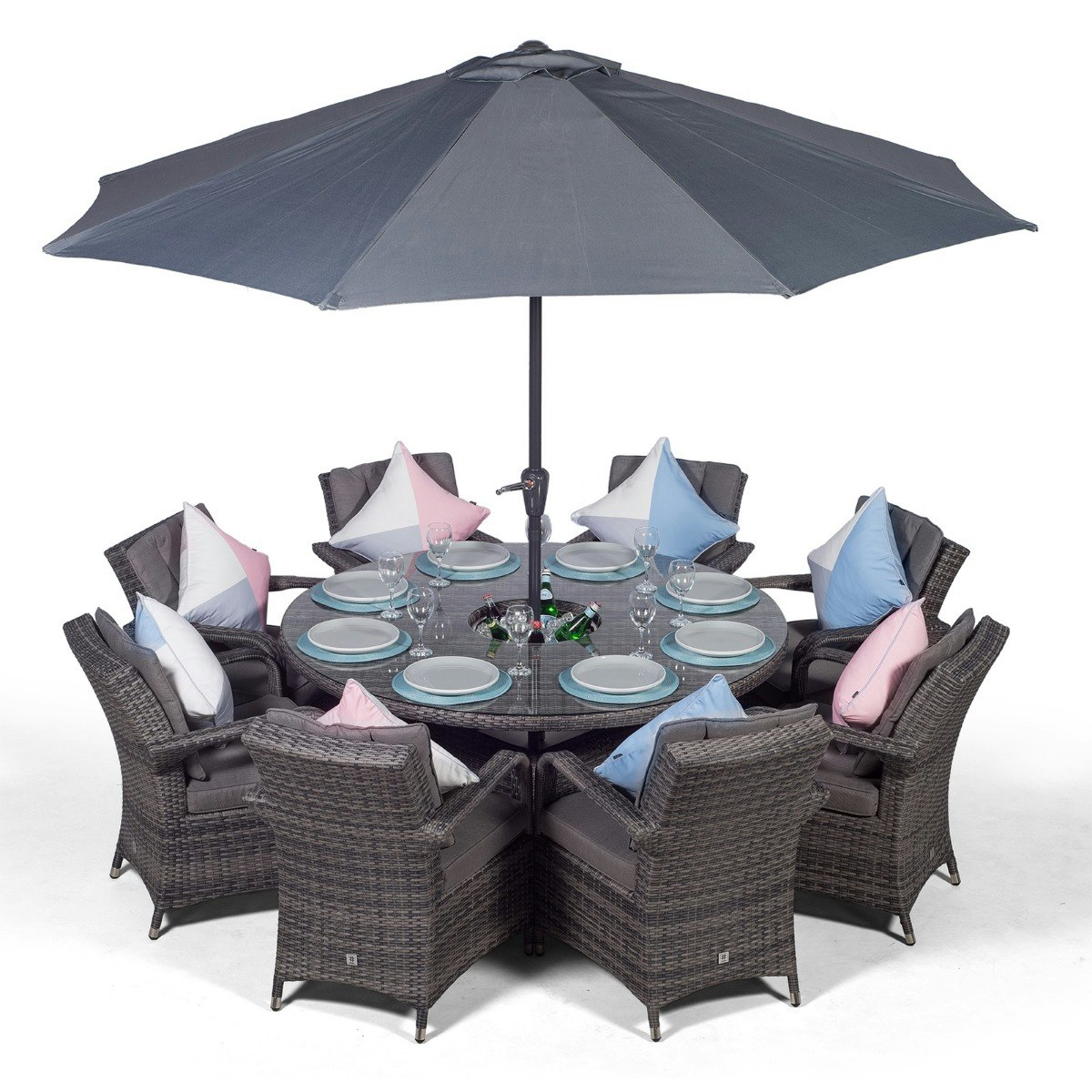 Giardino Grey Arizona Round 8 Seater Rattan Patio Dining Set With Ice Bucket Drinks Cooler - 1
