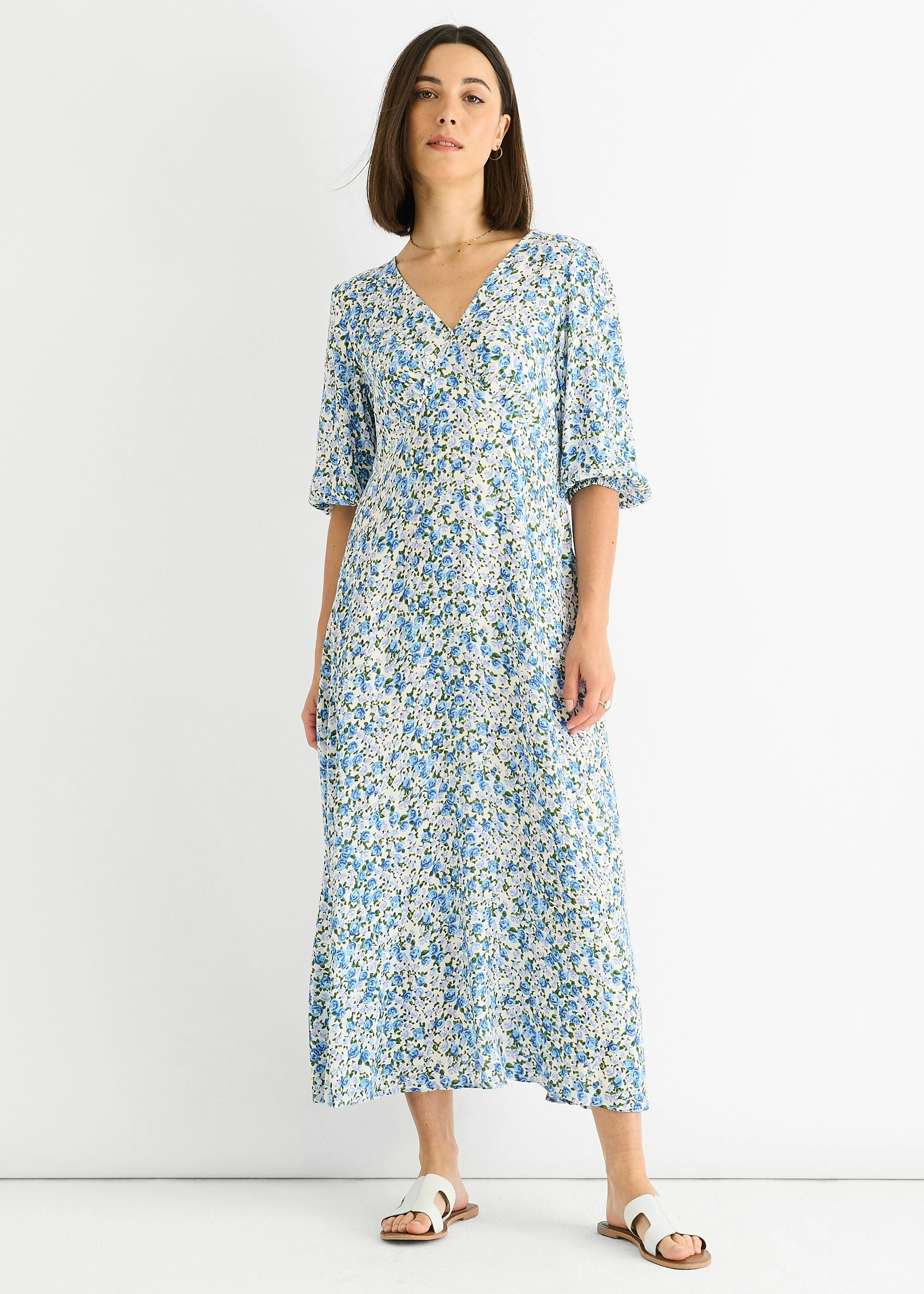 Gini London Blue Floral Print Viscose Midi Dress - Uk 16 / Us 12 / Eu 44