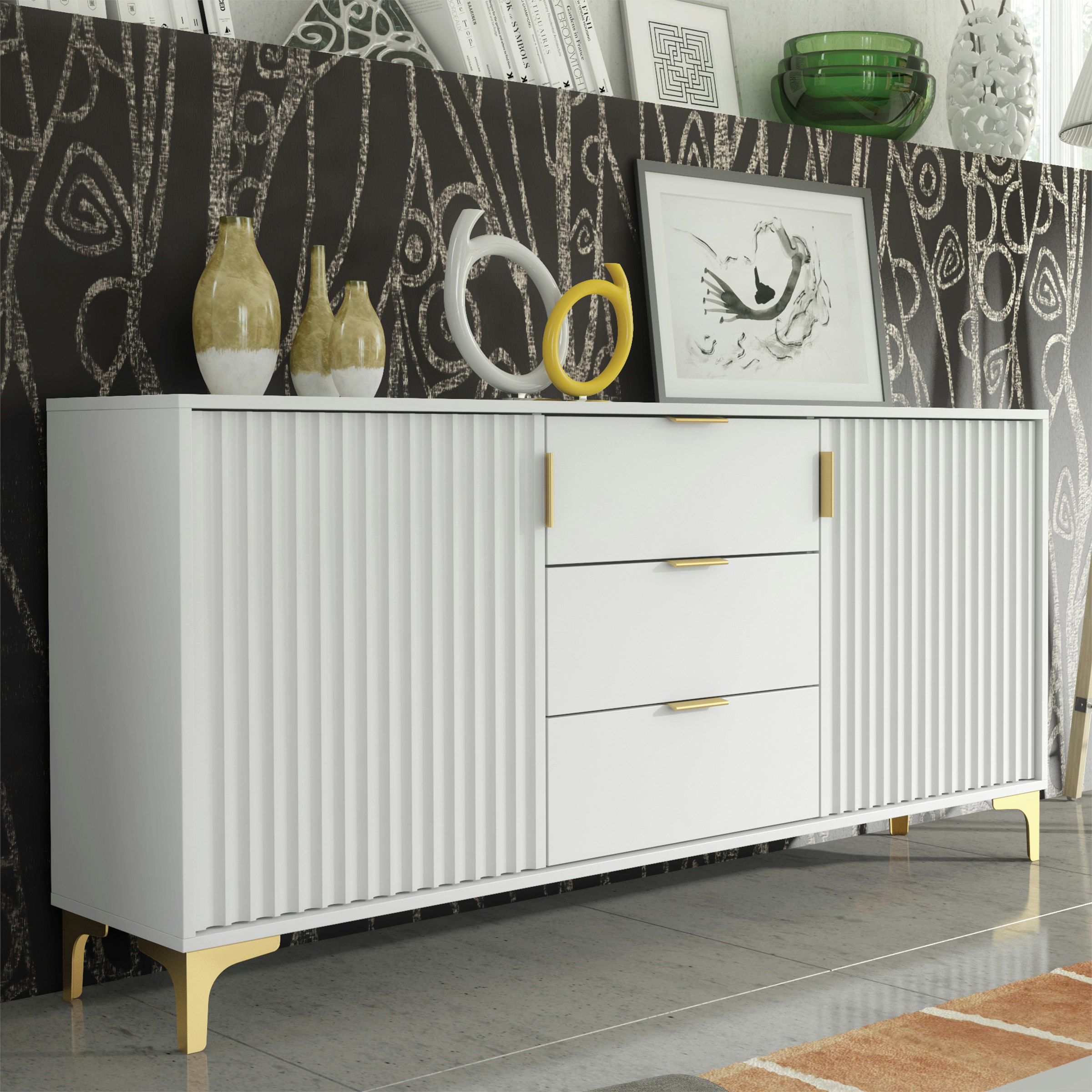 Rackhams White/Gold/Grey Captivating 140Cm Sideboard With Ribbed Doors And Accents - 140 Cm - Mdf/Chipboard