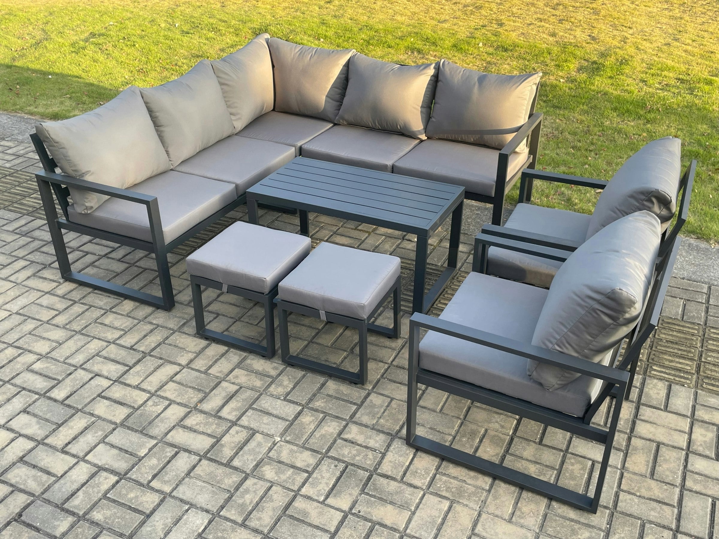 Fimous Dark/Grey 9 Seater Aluminium Outdoor Garden Furniture Set Patio Lounge Sofa With Oblong Coffee Table 2 Small Footstools