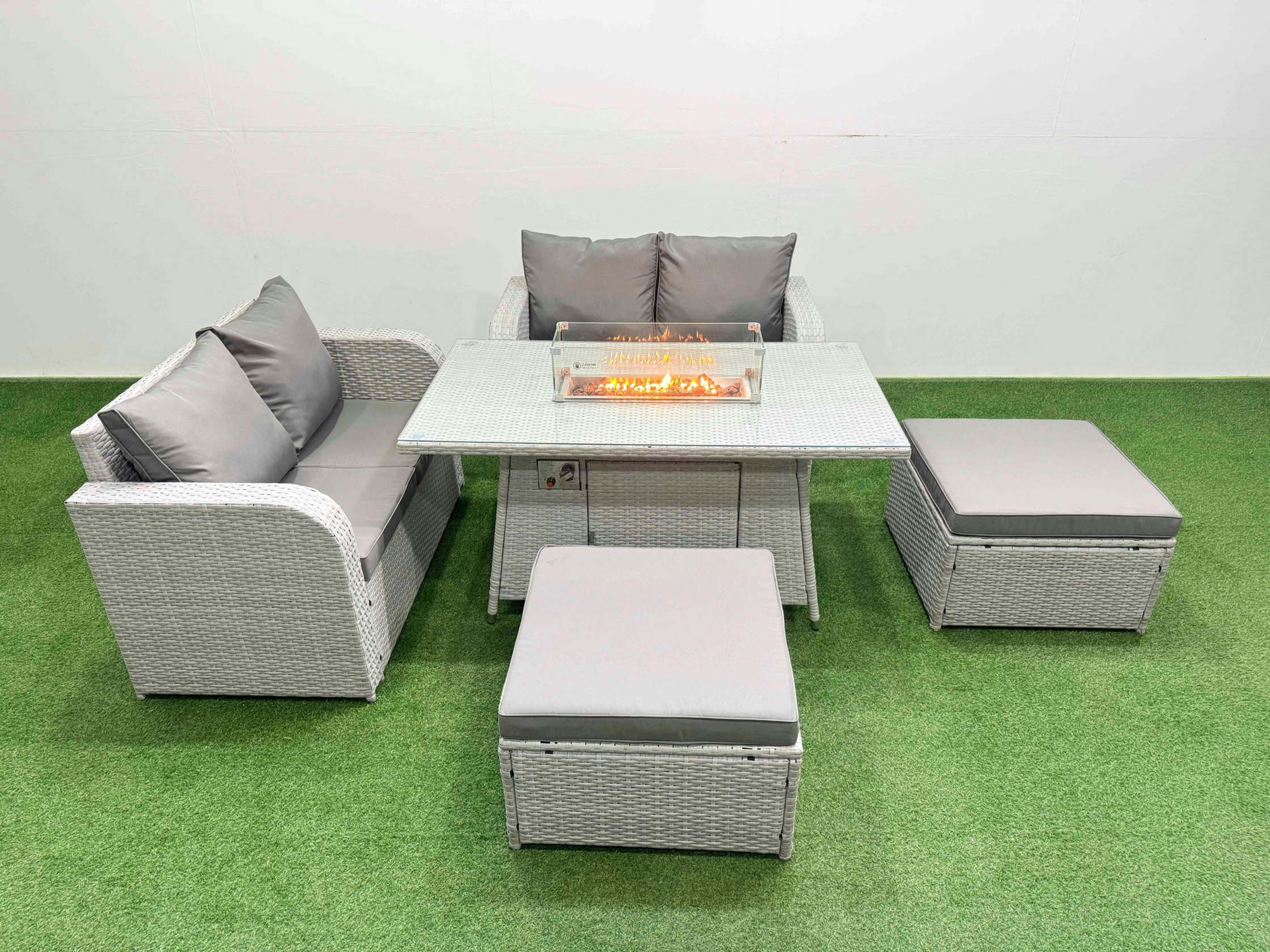 Fimous Light/Grey 6 Seater Outdoor Love Sofa Set Rattan Garden Furniture Set With Fire Pit Dining Table 2 Footstool