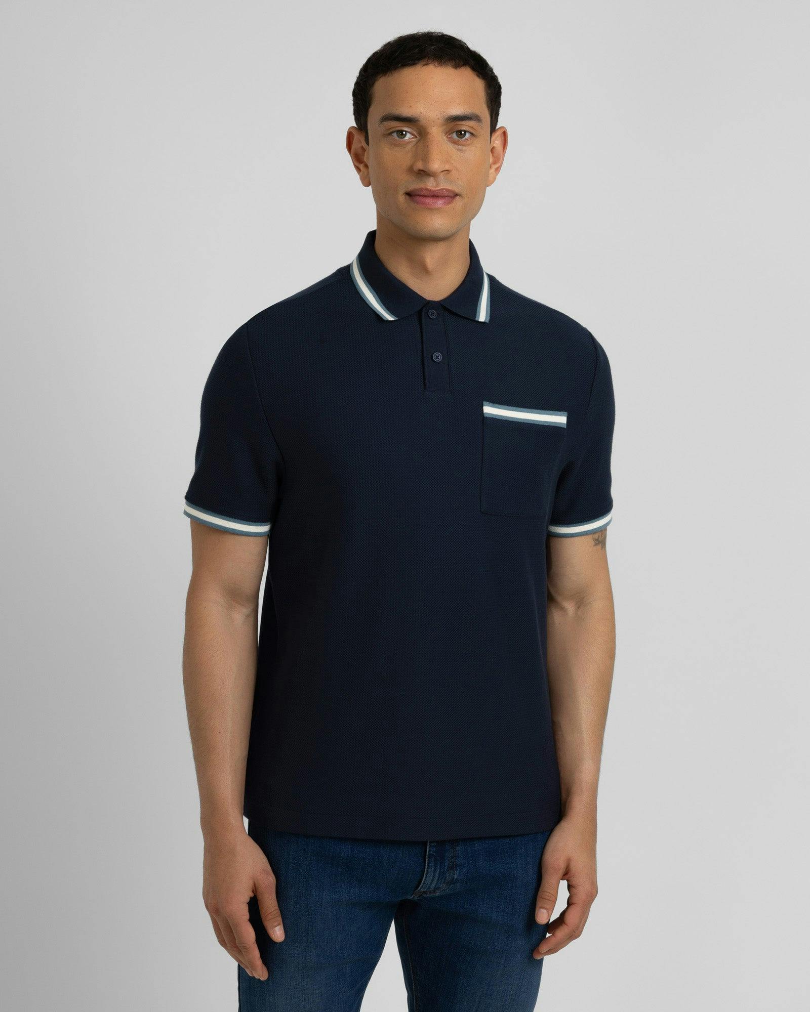Steel & Jelly Tolworth - Textured Polo Shirt With Contrast Rib - Navy - Xl