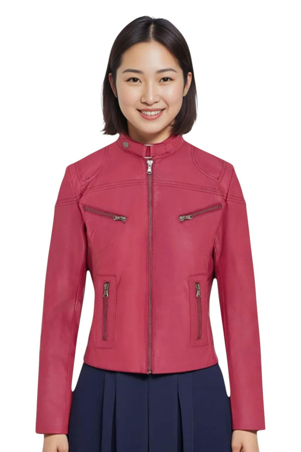 Infinity Leather Women's Casual Slim-Fit Leather Biker Jacket-Tulsa - Fuschia - Uk 5XL/24 | Eu 50 | Us 20