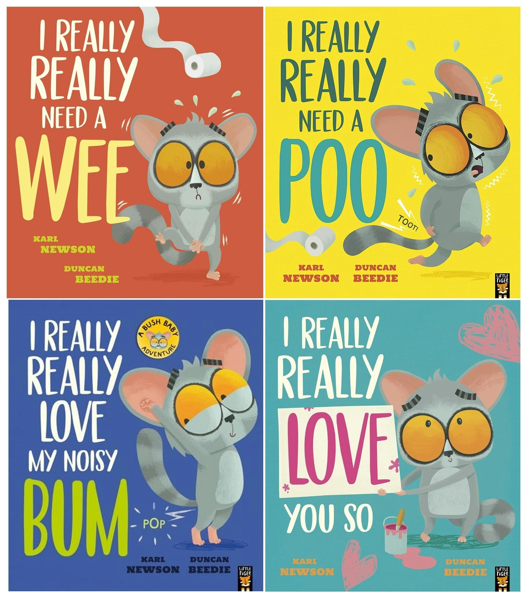 Little Tiger Bush Baby Adventures Books Set By Karl Newson, Duncan Beedie (I Really Really Need A Wee, Need A Poo, Love My Noisy Bum, Love You So) Size 4