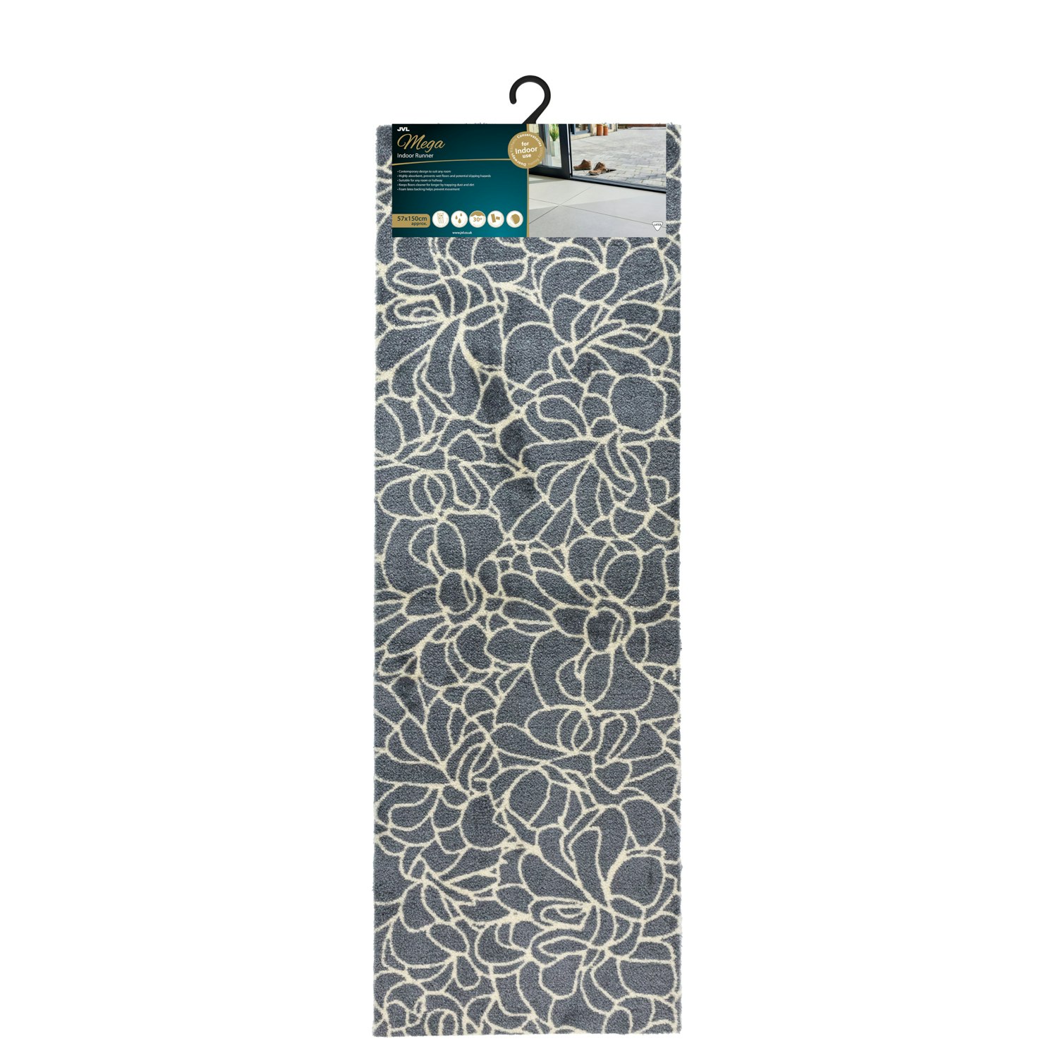 Rackhams Grey Mega Mat Machine Washable Entrance Runner, 50X150cm, Floral