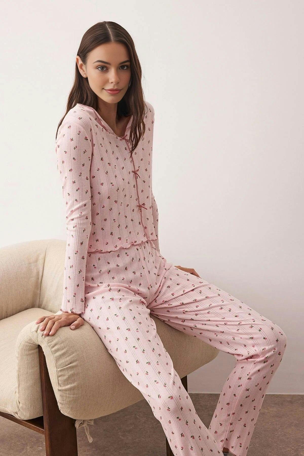 Wovcor Pink 2- Piece Cotton Floral Knit Pajama Set With Ribbon/Bow Detail - M